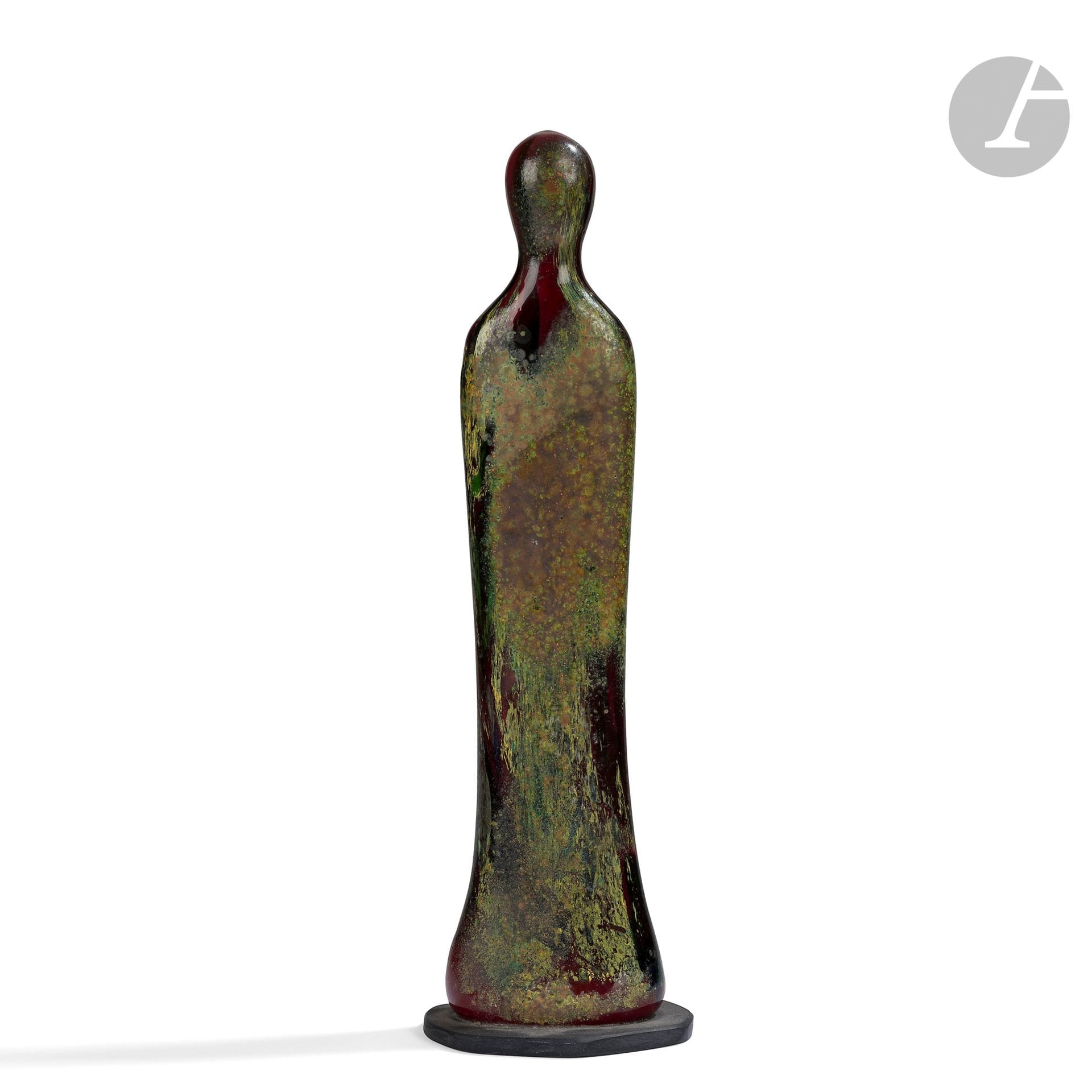 Josette RISPAL (France, b. 1946)
Témoin, 1998
Figure in polychrome enameled blown glass, on a black glass base. Signed and dated under the base. H. 36 cm - L. 10 cm