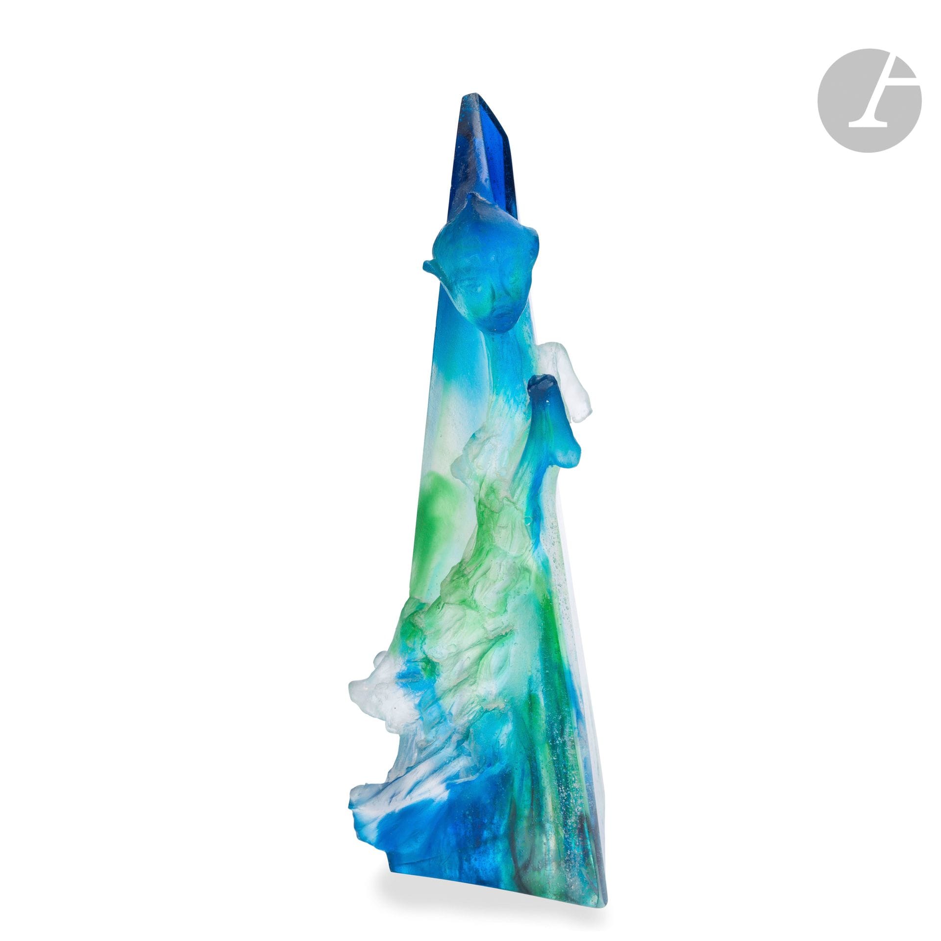 Antoine LEPERLIER (France, b. 1953)
Faun
Pyramid-shaped sculpture in blue, turquoise and green pâte de verre, decorated with a faun in relief. Signed and numbered 420 AAL 5/8 under the base. Artist's stamp on back. H. 25 cm - W. 9 cm - D. 8 cm

Provenance: Collection Janine Bloch-Dermant, Paris. 