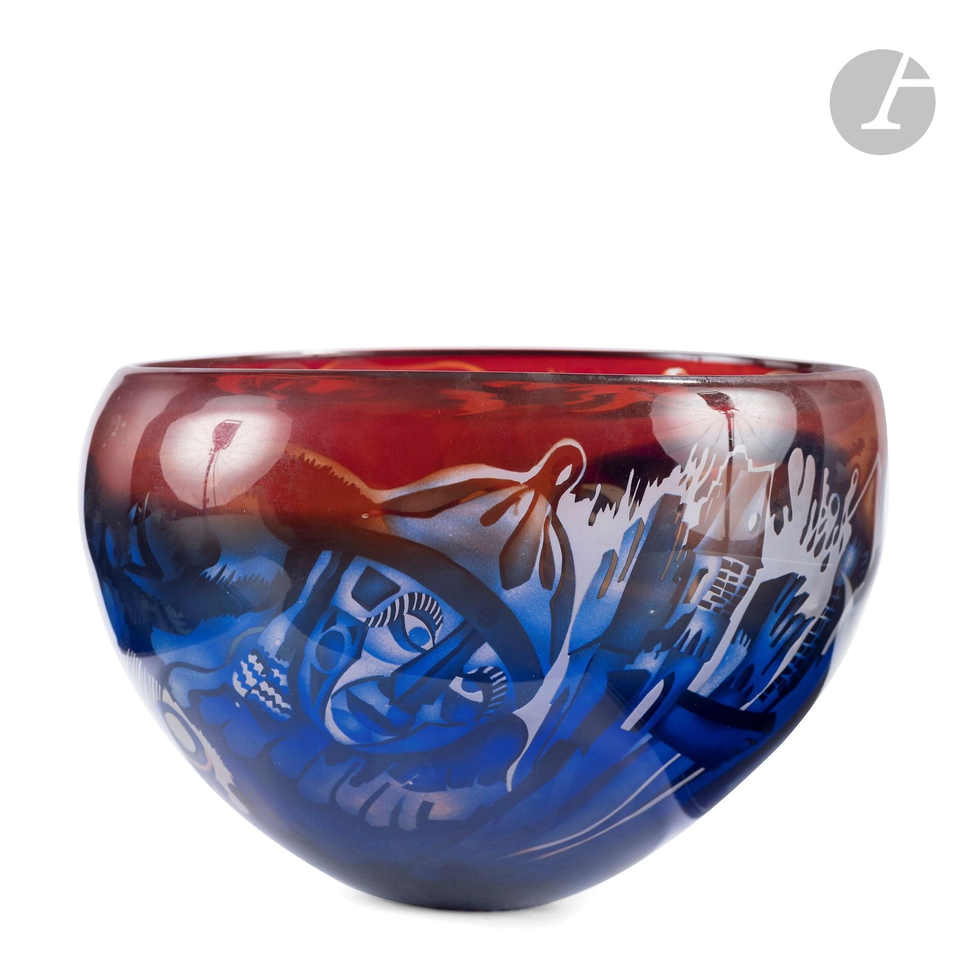Jean-Paul RAYMOND (France, b. 1948) 
Blown glass bowl with polychrome decoration of a fantastic scene. Signed and dated 1991 on the base. H. 18 cm - D. 28 cm