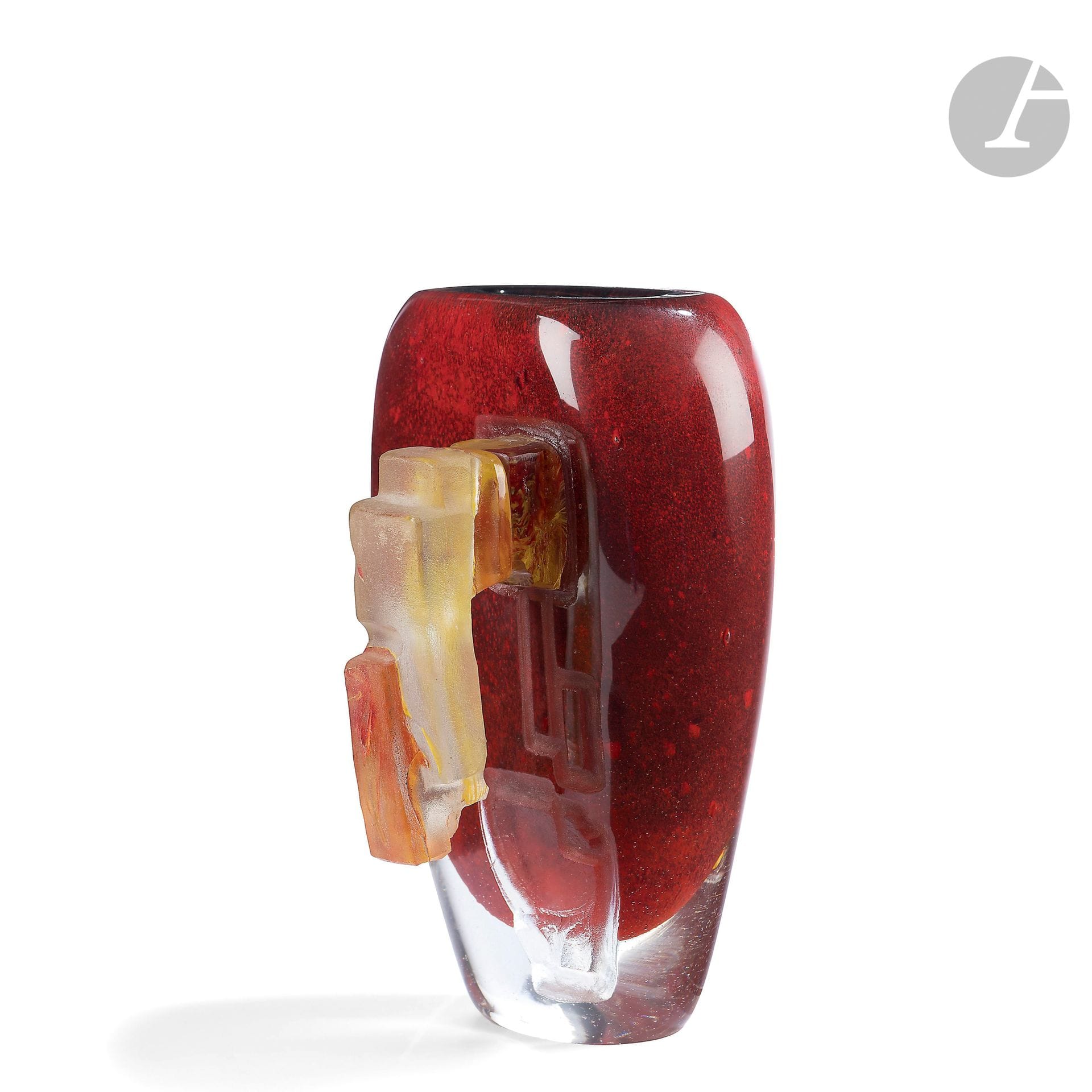 René DENIEL (France, born 1947)
Blown glass vase with red and black speckled decoration, partially acid-etched, two yellow cabochons applied to the surface on one side, a handle-shaped application on the other. Signed, monogrammed and dated (19)87 under the base. H. 19 cm - W. 13 cm - D. 13cm.

Provenance: Private collection. Acquired directly from the artist.