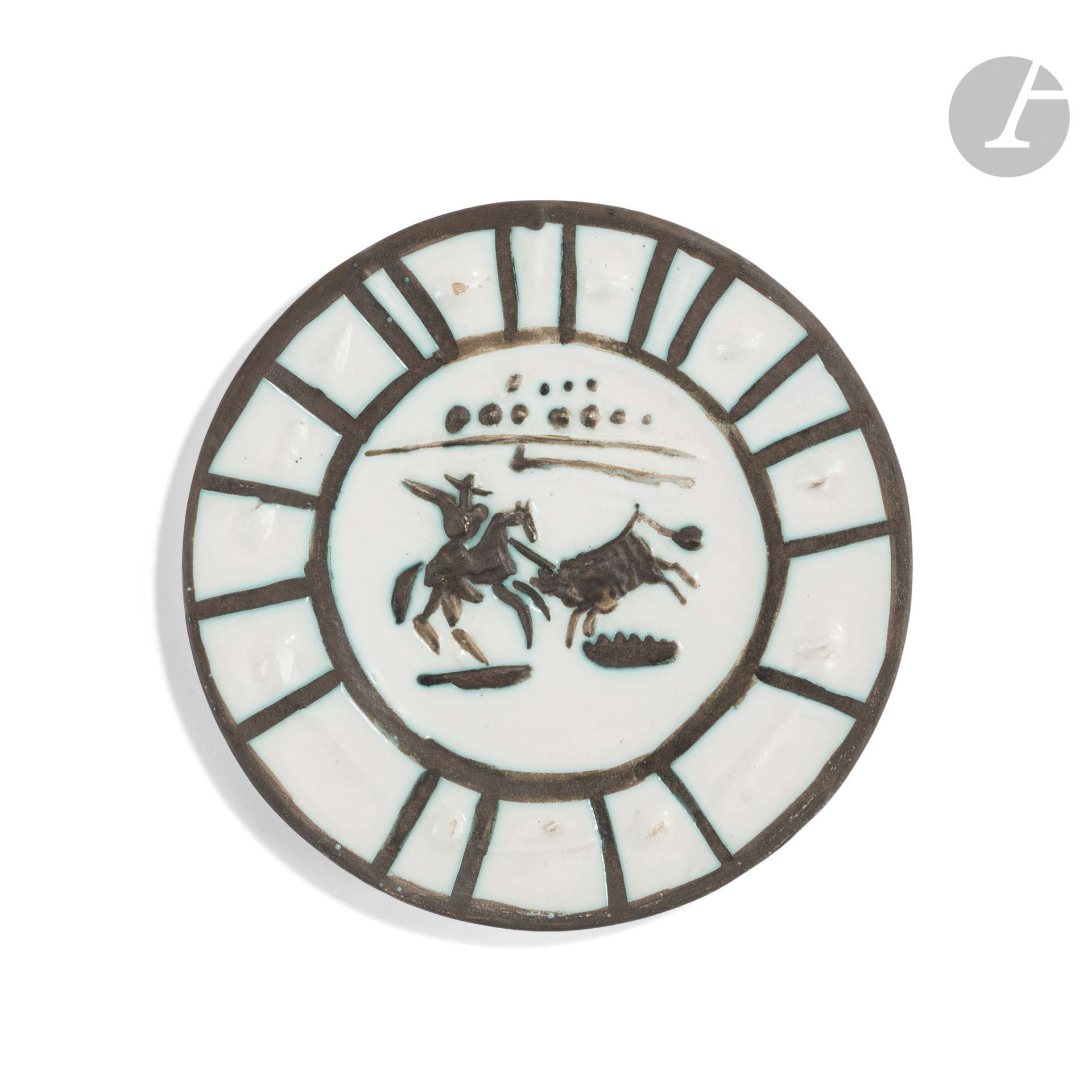 PABLO PICASSO (1881-1973) & ATELIER MADOURA
Picador, le modèle créé le [25 septembre 1953]
Assiette ronde. Empreinte originale, éditée à deux cents exemplaires réalisés chez Madoura. Épreuve en terre de faïence blanche, décor à la paraffine oxydée, bain d’émail blanc ; brun, vert.
Porte les cachets en creux Empreinte originale de PICASSO et MADOURA Plein Feu au revers. D. 24cm

Bibliographie :
Alain Ramié – Picasso, catalogue de l’œuvre céramique édité 1947-1971 – Éditions Madoura, Vallauris, 1988. Modèle identique reproduit page 109 sous le numéro 201 du catalogue
