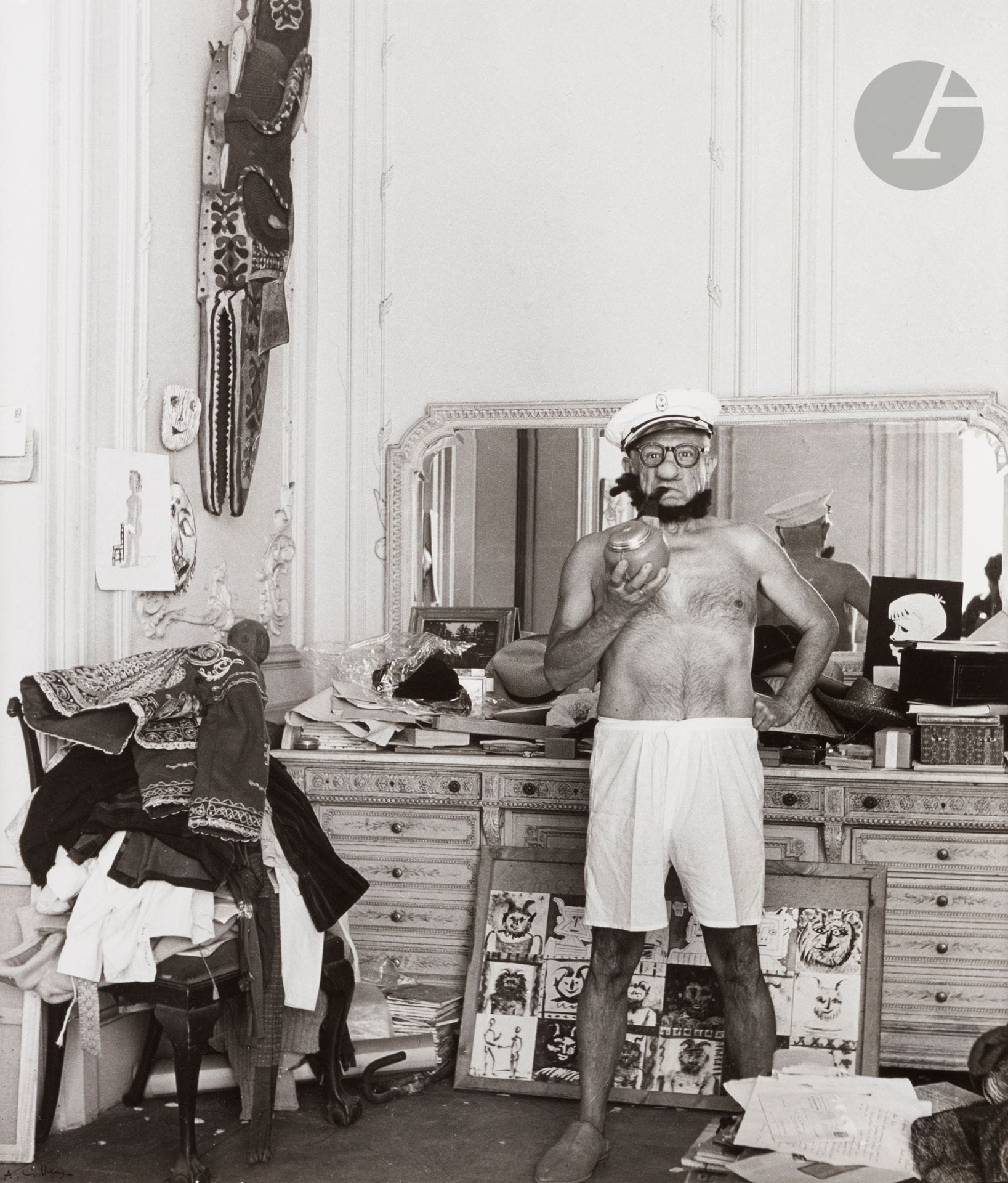 André Villers (1930-2016)
Picasso "Popeye". Cannes, 1958.
Silver print on Agfa paper, printed by the author (c. 1970), signed in ink lower left. Photographer's stamp, signature, dedication, title, date and handwritten annotation in ink on verso.
54 x 46.5 cm