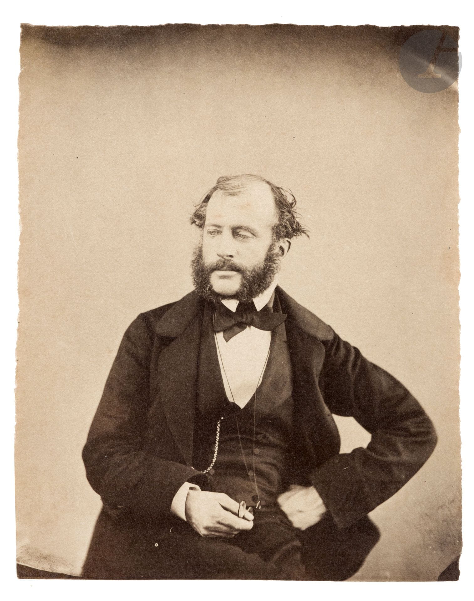 Edward King Tenison (1805-1878)
Photographer's personal album. Ireland. England. Spain, c. 1845-1852.
Self-portraits (3). Dr Lesbie. Miss Roder. Louisa Tenison. Lily [the photographer's daughter]. Edith Bruce. Dr. Roberts. Mesmerizer. Sir James Stuart. Miss Stuart. Lundgren (artist) [Egron Lundgren ?]. Gitana. Mr Moloney. Vice Consul, Seville. Mr Ward. Torero, Seville. Don Cajigas. Miss Knox. Miss Rigmann. Ernest Villiers. Captain Rainier. Dr Moore. Dr Guerin. Captain Lucas. Louise Palmer. Mrs Monaghan. Dr Simpson. Lubin. Mr Mundy. Captain Butler. Baron Keen. Chiquito. Military regiment. Mrs Oakley. Louise &amp; Florence [in front of the Genova fountain in Malaga]. Windmill (by Louis-Désiré Blanquart-Évrard). Rachel (by Julien Vallou de Villeneuve). Louisa in Mantilla.
Album in-8, bound in full morocco, with 85 prints on salted paper and salted-aluminum paper (including 6 outside the album), after paper negatives, mounted by the corners on cardboard. Numerous pencil captions on the mounts. One of the prints bears Julien Vallou de Villeneuve's signature in the negative.
Sizes: 11 x 9 to 20.5 x 15.5 cm