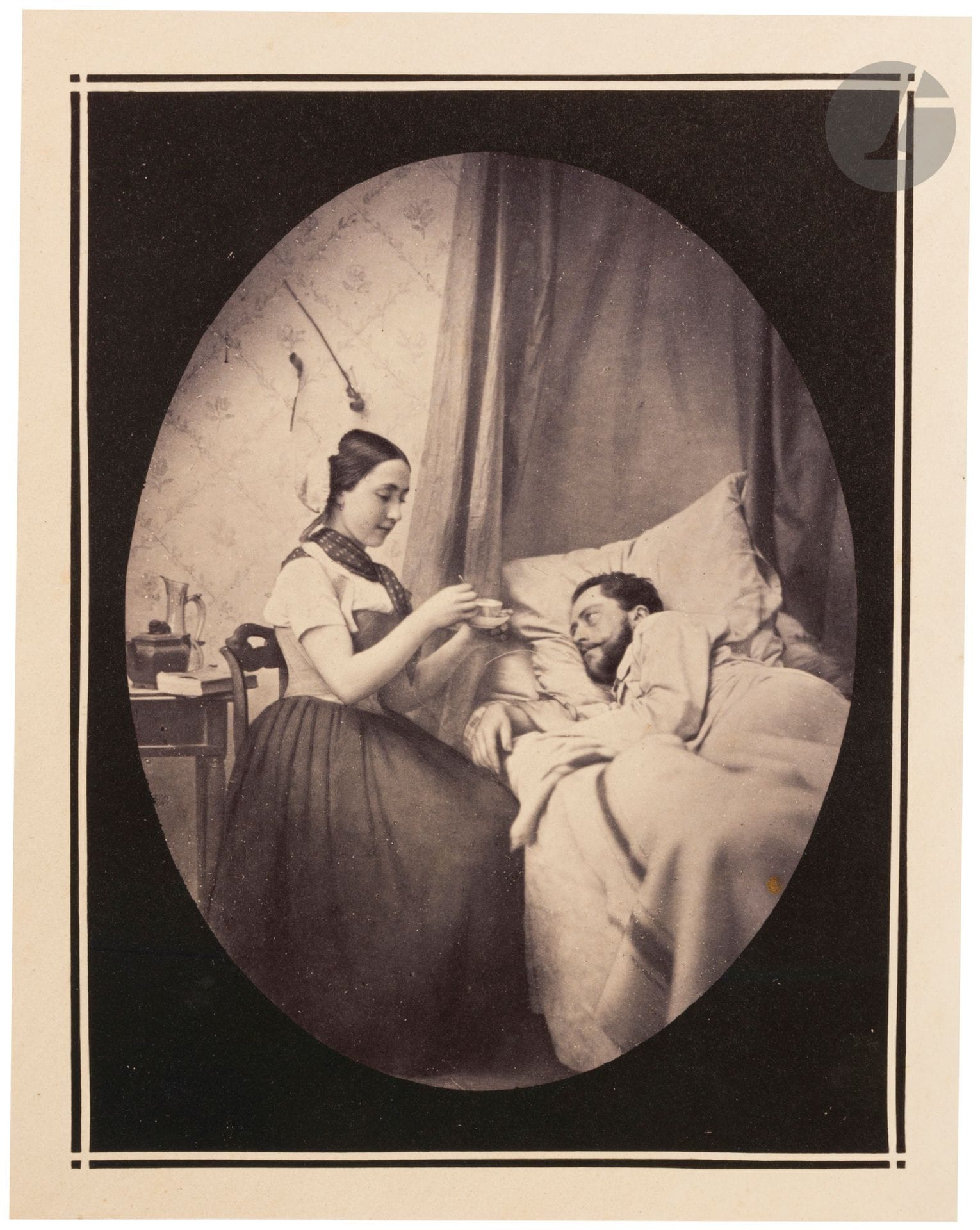 Marie-Alexandre Alophe (1812-1883)
Fantaisies photographiques. Collection de sujets, tableaux, scènes de la vie de bohème composés et exécutés en photographie sur nature par Monsieur Alophe, artiste peintre.
La prière du matin. Rosine et Tabareau. La veille du mariage. La séparation. La voisine. Rêverie. La sœur de Saint-Vincent-de-Paul. La gloire et le pot-au-feu. Asnières. Le mois de Marie.
Chez l’auteur, Paris, c. 1858.
Portfolio in-folio (41 x 29 cm) titré sur le premier plat, composé de dix (10) épreuves sur papier albuminé, d’après négatifs verre, contrecollées sur cartons. Signature du photographe dans les négatifs. Titres et crédit du photographe sur les montages.
Format moyen des épreuves : 21 x 16 cm

D’abord lithographe, Marie-Alexandre Alophe orchestre ses prises de vues afin de leur donner un aspect pictural. Il dépose ses Fantaisies Photographiques en 1858 à la Bibliothèque Impériale et, cette même année, ses épreuves sont louées dans La Lumière : « M. Alophe, vient d’imaginer une nouvelle et très-bonne application de la photographie aux compositions de genre. (…) Nous ne pouvons donner une idée plus juste des photographies de M. Alophe, qu’en disant qu’elles ressemblent à des dessins très finis que feraient un Mieris ou un Gérard Doov (sic) ».