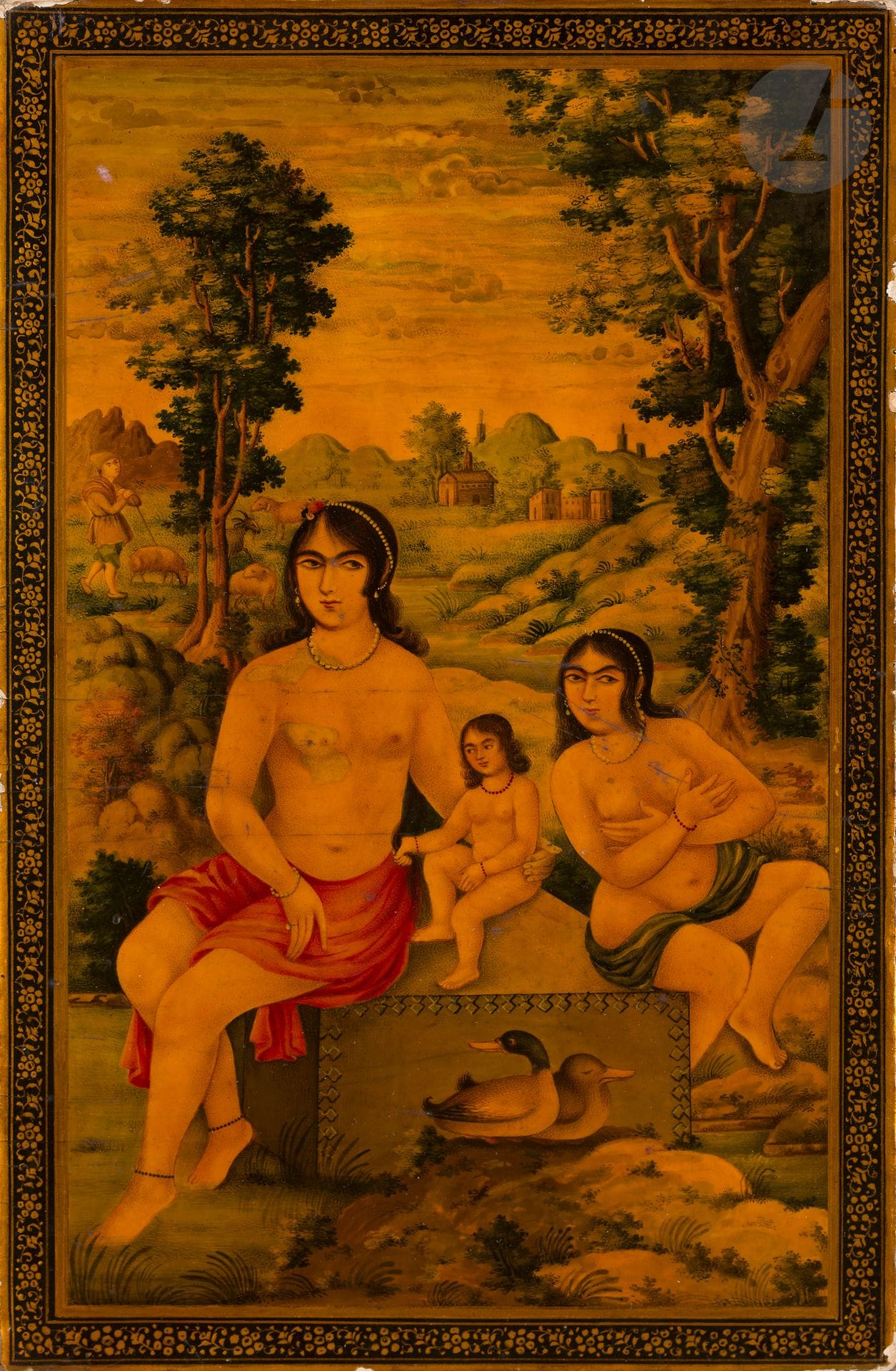 Boîtier de miroir à décor gol-o-bolbol et de personnages, Iran qâjâr, signé Ahmad et daté 1284 H/1867 
De format rectangulaire à couvercle volant, en papier-mâché à décor peint et laqué sur ses deux faces d’une composition gol-o-bolbol  sur fond brun d’un rossignol posé sur la tige d’un rosier entouré d’autres tiges florales et de papillons et insectes butinant. La composition du couvercle inscrite en bas « numéro de produit », Ahmad, 1284, son revers orné de deux femmes poitrine nue et d’un enfant assis au premier plan sur un socle, un couple de canards à leurs pieds, sur fond de paysage montagneux animé d’un berger déplaçant son troupeau. 
25,8 x 17,8 cm
Craquelures, éclats, quelques retouches, ensemble reverni, glace manquante.

Provenance : 
Collection M. Boroumand, puis par descendance.

A Qajar signed and dated Lacquer Mirror Case with gol-o-bolbol Design and Characters, Iran, 1867