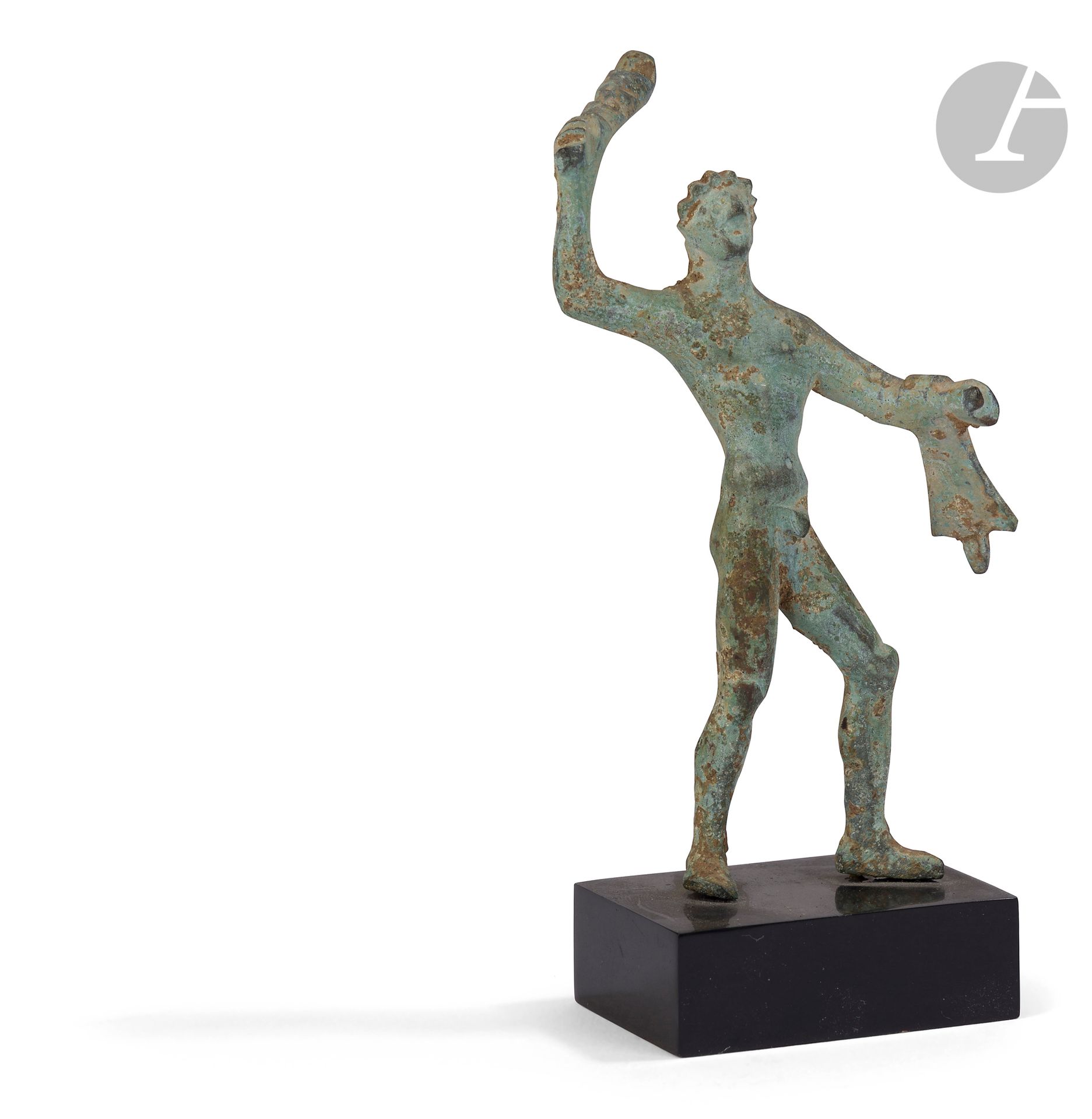Hercule brandissant sa massue 
Bronze. Socle.
Art italique, IIIe siècle avant J.-C. 
Hauteur : 10 cm
 
Provenance :
Acquis à la Galerie Borowski (catalogue de 1979-1980, n°16).

A Bronze Figure of Hercules, Italic Art, 3rd Century BC