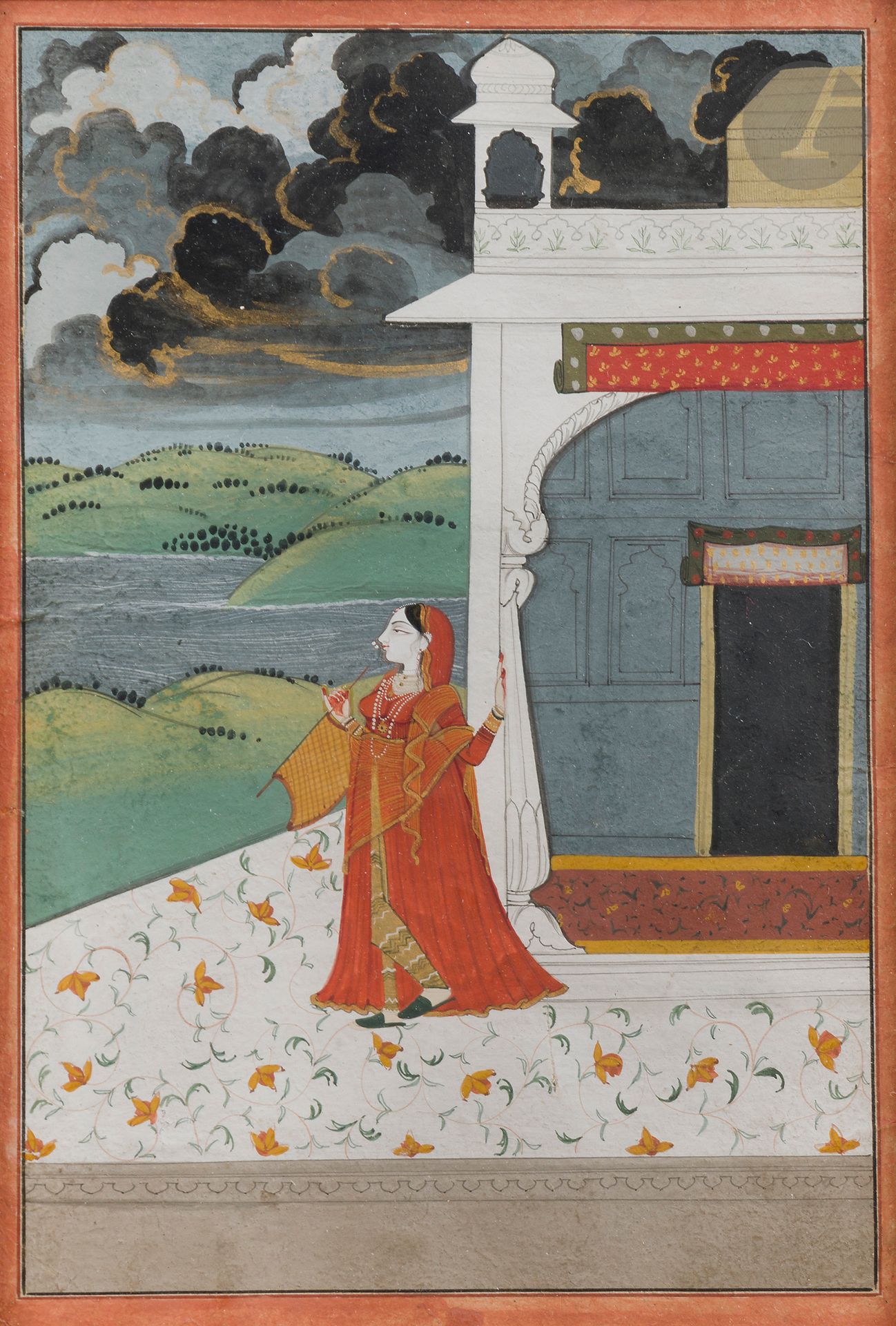 Vasakasayya Nayika, Femme attendant son amant, Inde du Nord, Penjab, école Pahari, XIXe siècle
Gouache et or sur papier représentant une femme debout sur la terrasse d’un pavillon, un éventail dans la main, le regard tourné vers une rivière qui coule sous un ciel tourmenté. Bordure rouge tout autour. Cadre.
22,5 x 15,5 cm à vue
Quelques pliures, sauts de polychromie et retouches.

A Painting with Vasakasayya Nayika, the Expectant Heroine, North India, Punjab Hills, Pahari, 19th Century