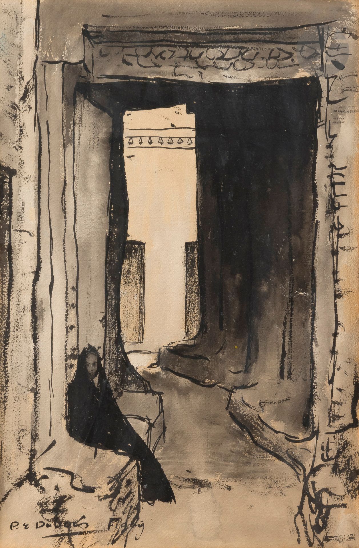 Paul-Elie DUBOIS (1886-1949) 
Figuig, femme sous une arche 
Encre. 
Signée et située en bas à gauche. 
42 x 28 cm