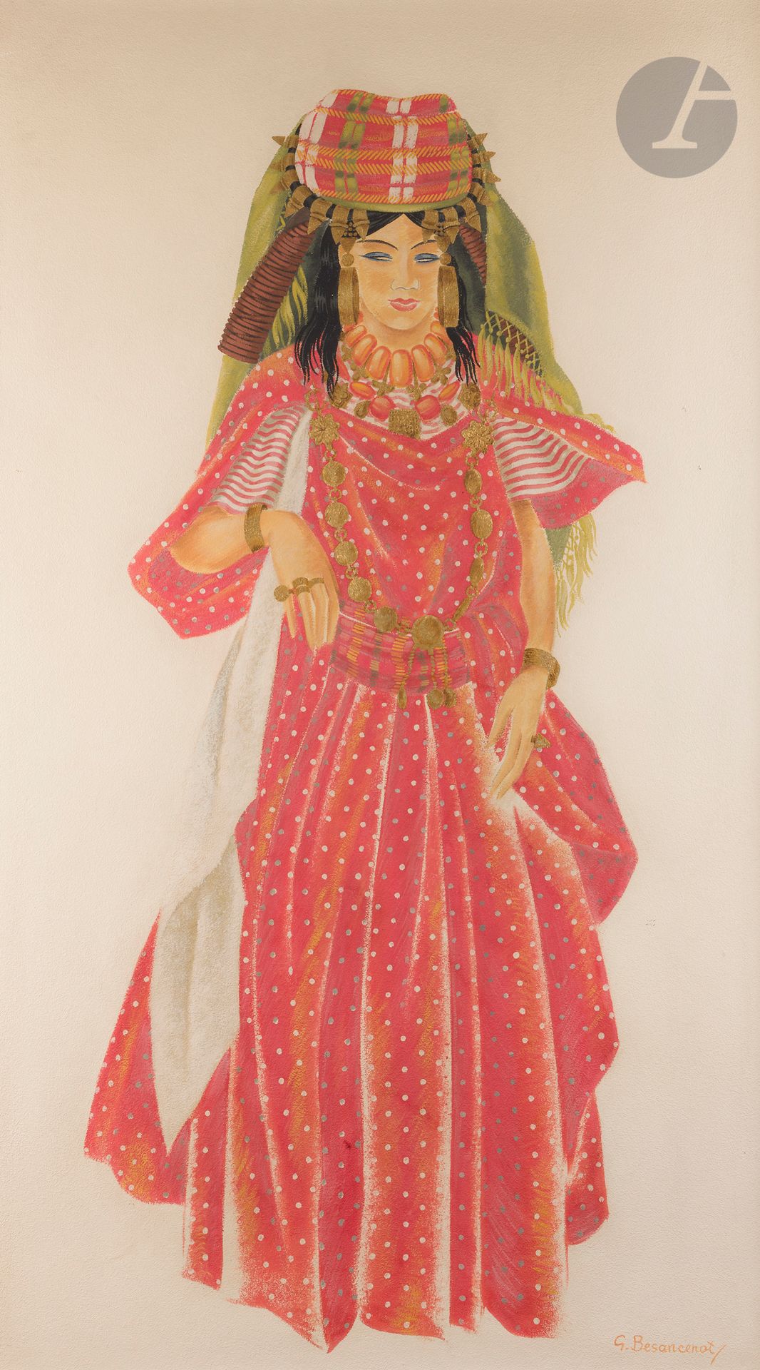Jean BESANCENOT (1902-1992)
Femme juive au « helali »
Huile sur Isorel. 
Signée en bas à droite. 
153 x 94

Une peinture similaire est conservée au musée du Quai Branly, n°74.1988.2.2