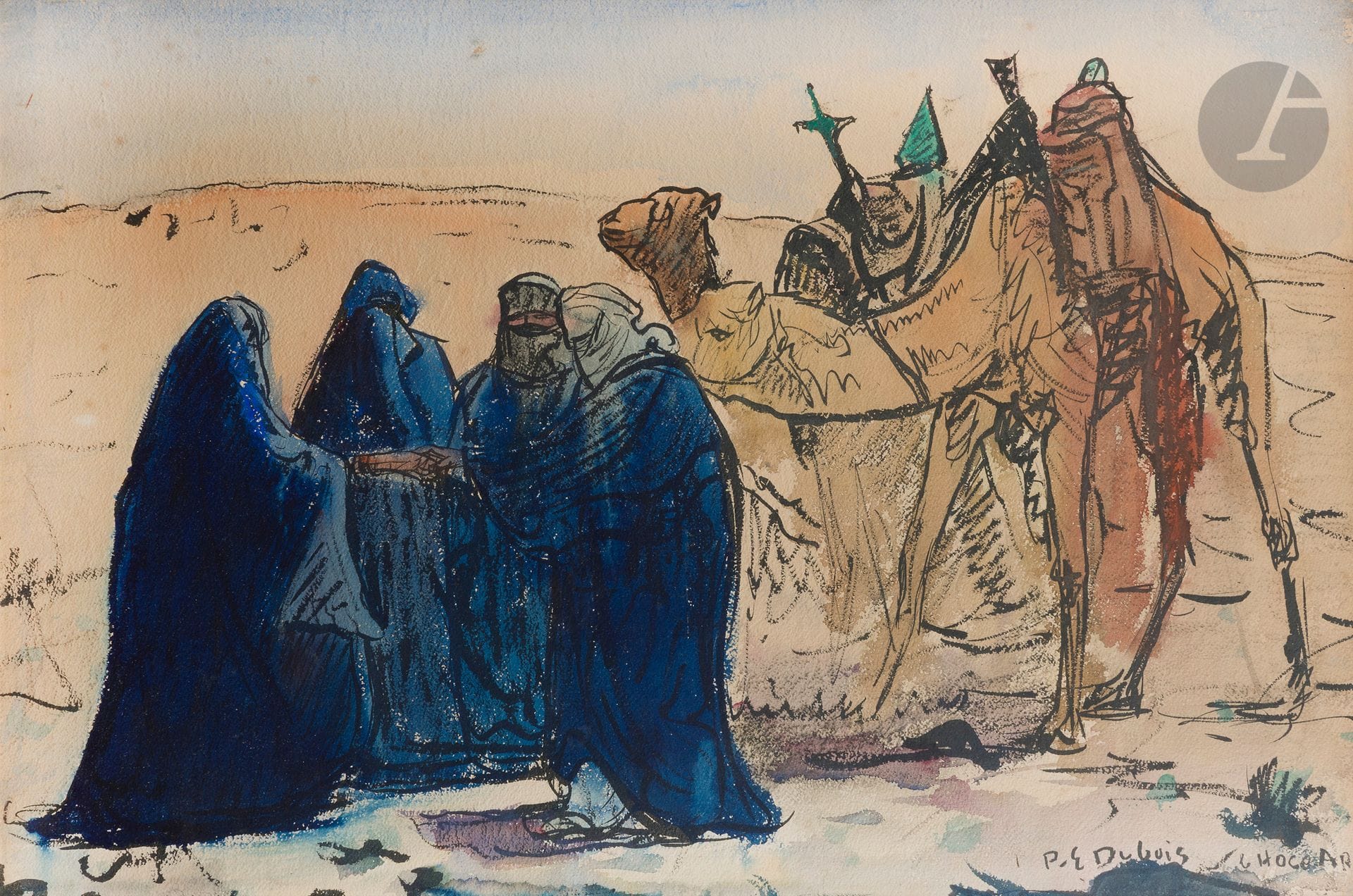 Paul-Elie DUBOIS (1886-1949) 
Hoggar, la caravane dans le désert 
Aquarelle. 
Signée et située en bas à droite. 
47 x 67,5 cm