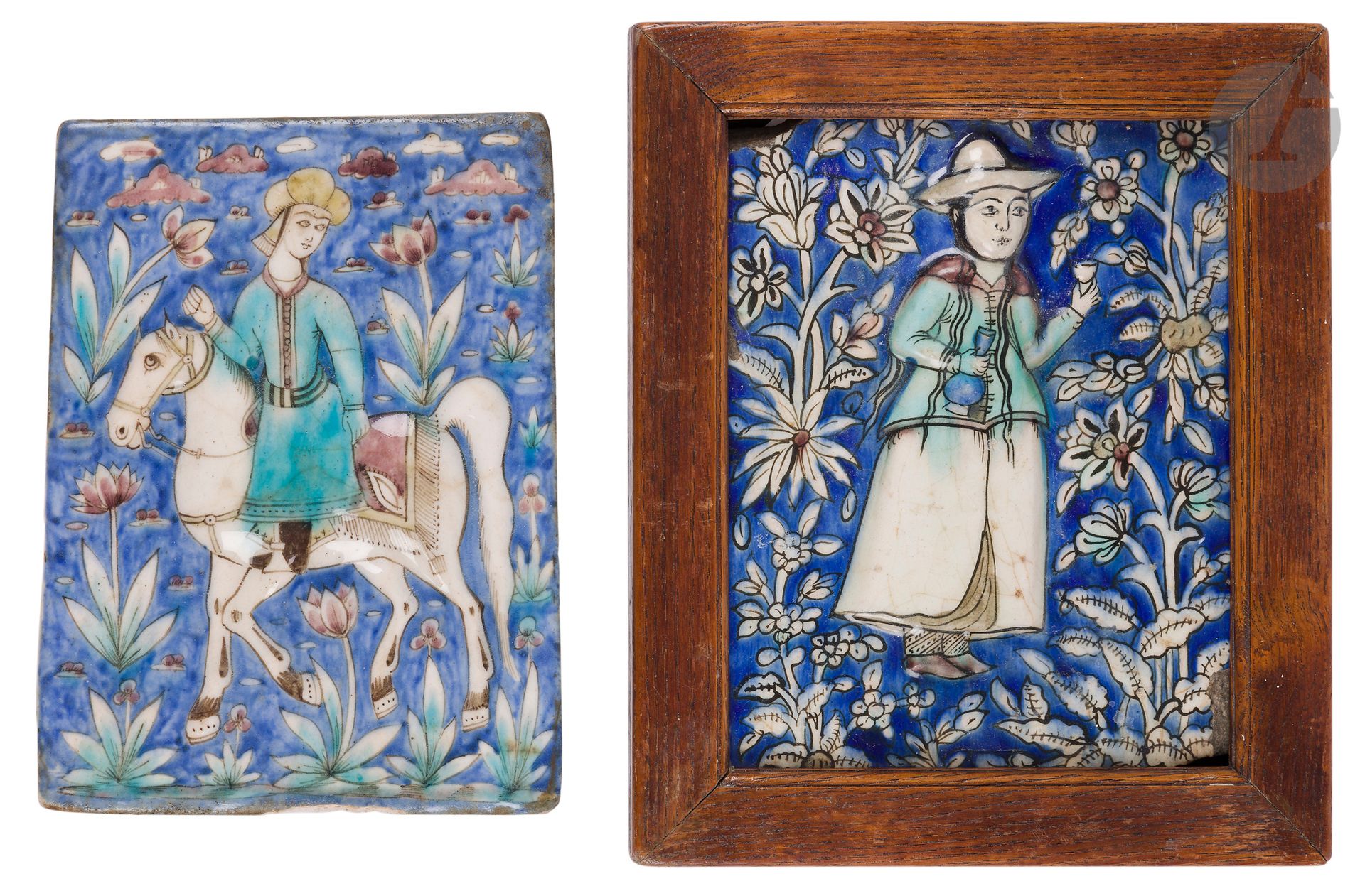 Deux carreaux de revêtement à décor de personnages, Iran qâjâr, début XXe siècle
Carreaux de céramique siliceuse à décor moulé et peint en polychromie sous glaçure transparente représentant sur le premier, un cavalier enturbanné, sur le second, une échansonne coiffée d’un grand chapeau, tenant une bouteille dans une main et une coupe dans l’autre. Tous deux sont figurés dans un paysage fleuri.
19,2 x 14,5 cm ; 19,3 x 15 cm
Petit manque à la base du premier, petits manques à deux coins du second avec restauration sur le visage.

Two Qajar Pottery Tiles Depicting Human Figures, Iran, early 20th Century