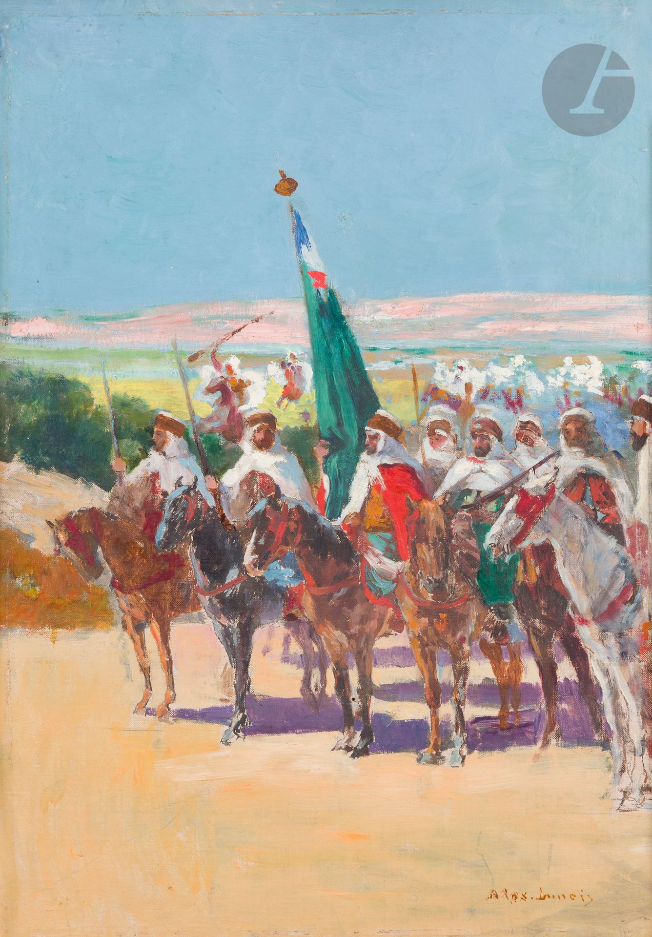 Alexandre LUNOIS (1863-1916) Cavaliers arabes 
Huile sur toile marouflée sur carton
Signée en bas à droite. 
53 x 37 cm 

Exposition : 
Internationale Kunst-Ausstellung, Berlin, 1896 (étiquette au dos).