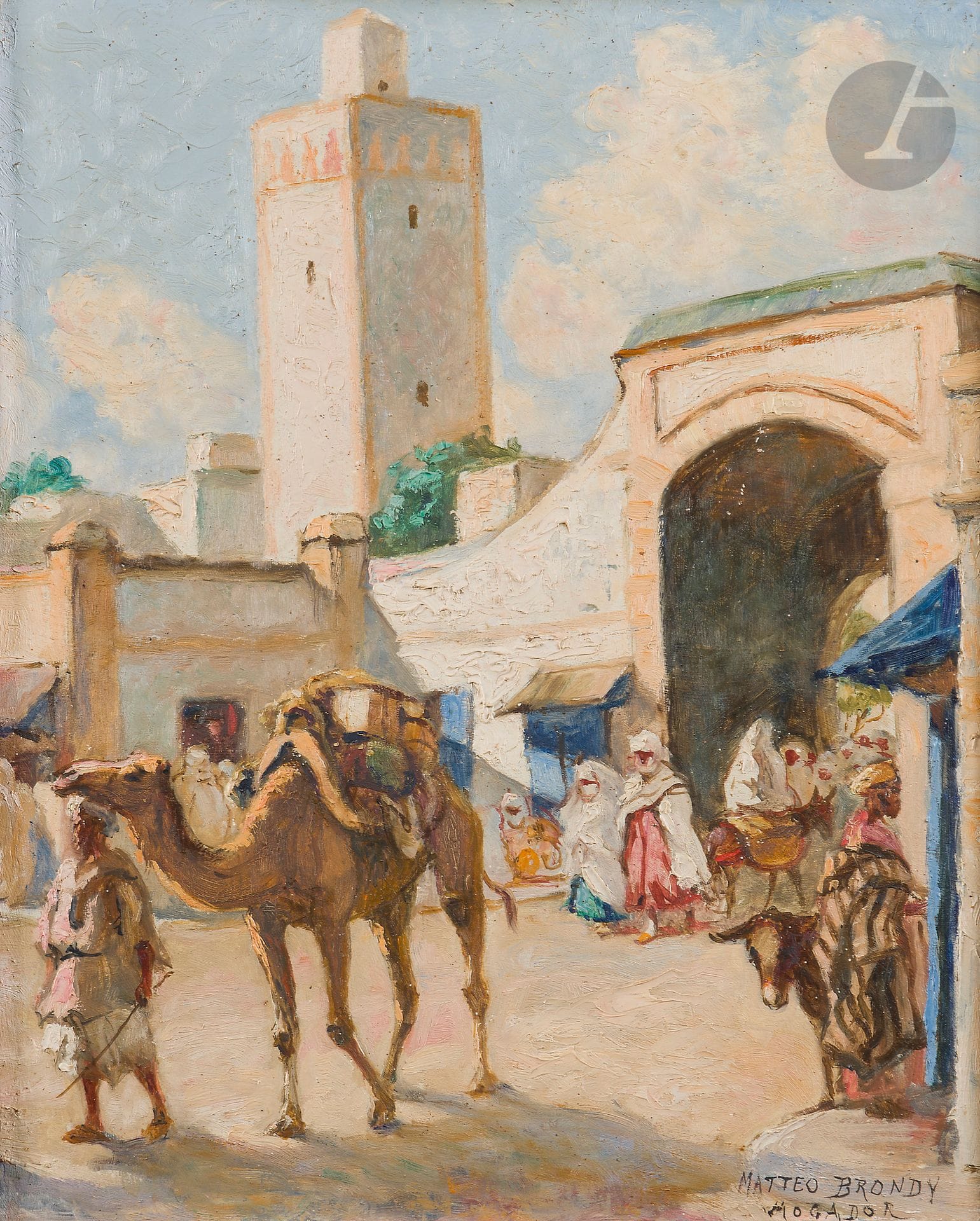 Matteo BRONDY (1866-1944)
Mogador 
Huile sur panneau.
Signée et titrée en bas à droite.
40,7 x 33 cm