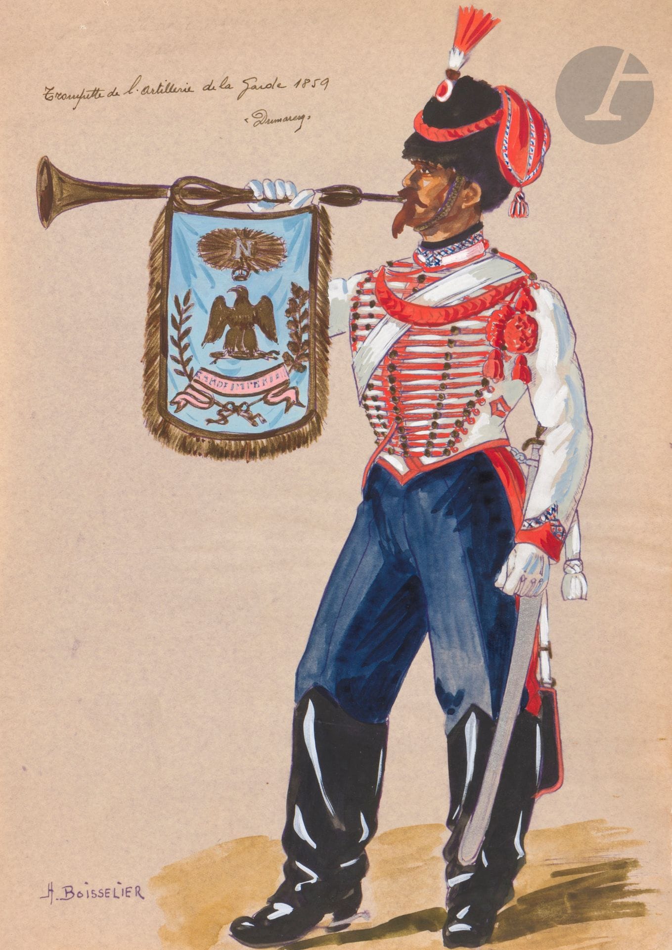 Henri BOISSELIER (1881-1959)
- Artillerie à pied à Berlin (1806) d’après Zimmermann.
- Major du 1er régiment de chevau-légers lanciers d’après Joly
- Officier d’artillerie à cheval d’après Bardin
Trois aquarelles et plumes signées ou monogrammées.
On y joint trois tirages aquarellés et gouachés.
A.B.E.
