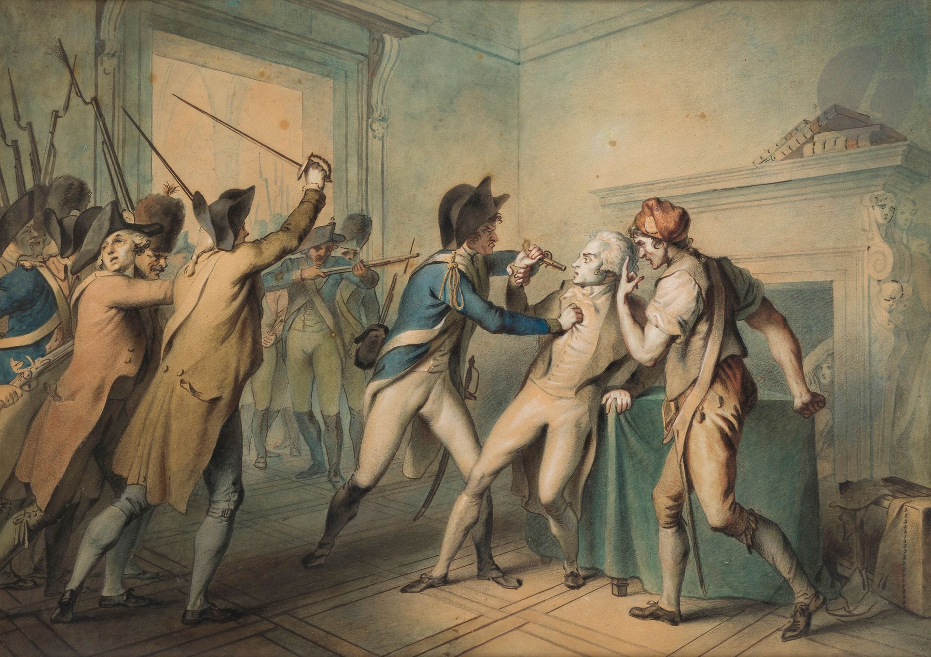 Jean-Jacques François BARBIER dit Le Barbier l'Aîné, attributed to.
The Arrest of Robespierre
Large pen, charcoal and watercolor drawing.
41 x 59 cm
Under glass. Gilt frame.
A.B.E.

Historical background:
This drawing is taken from an English engraving by Michael SLOANE. It was published by Colnaghi &amp; Co in London in 1796.
