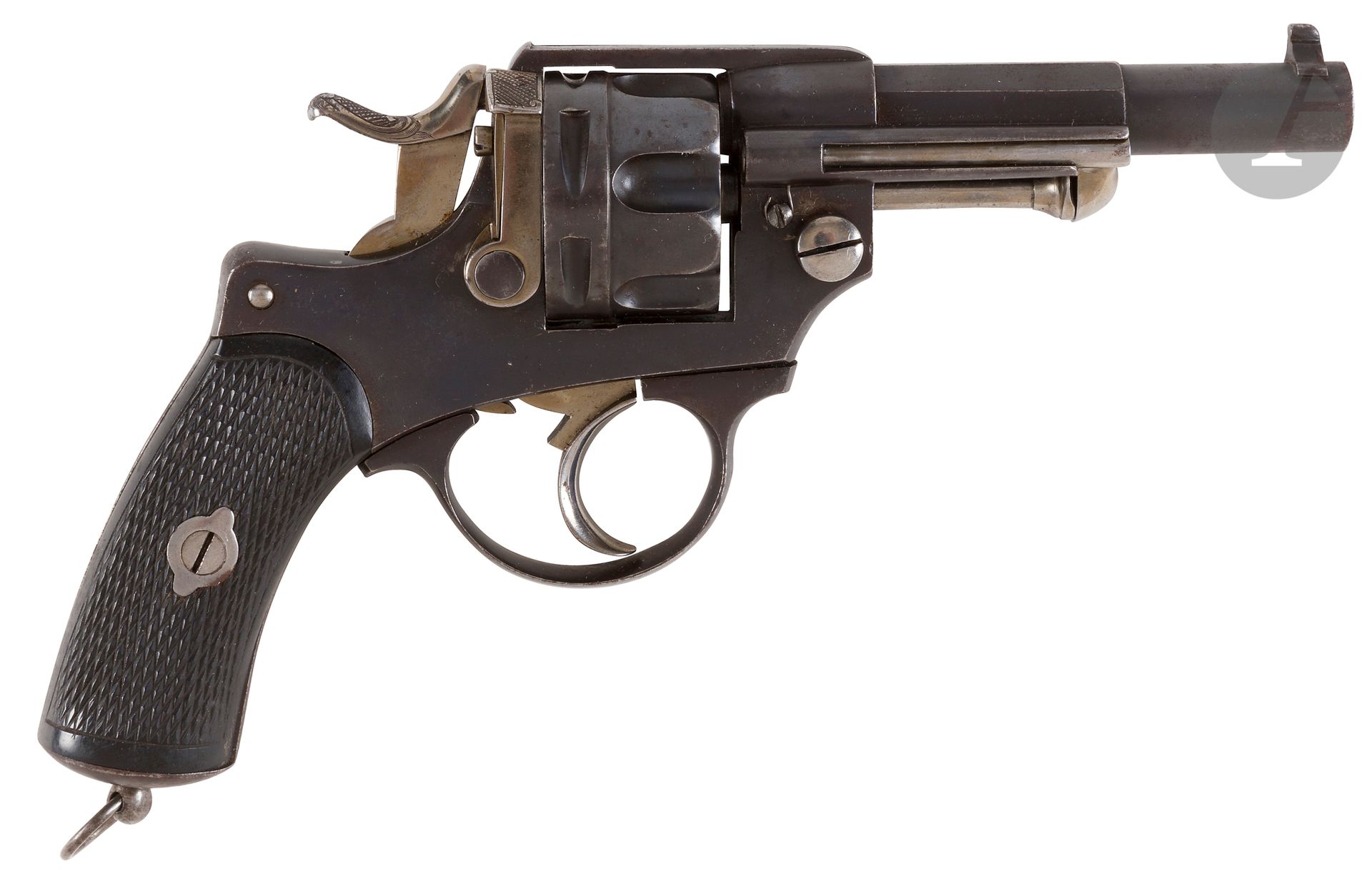 Chamelot Delvigne revolver, six-shot, 11 mm caliber
Chamelot et Delvigne UNon Bté" stamped thunderbolt. Closed frame. Hollow barrel. Checkered ebony stock plates.
B.E. Bronze finish.