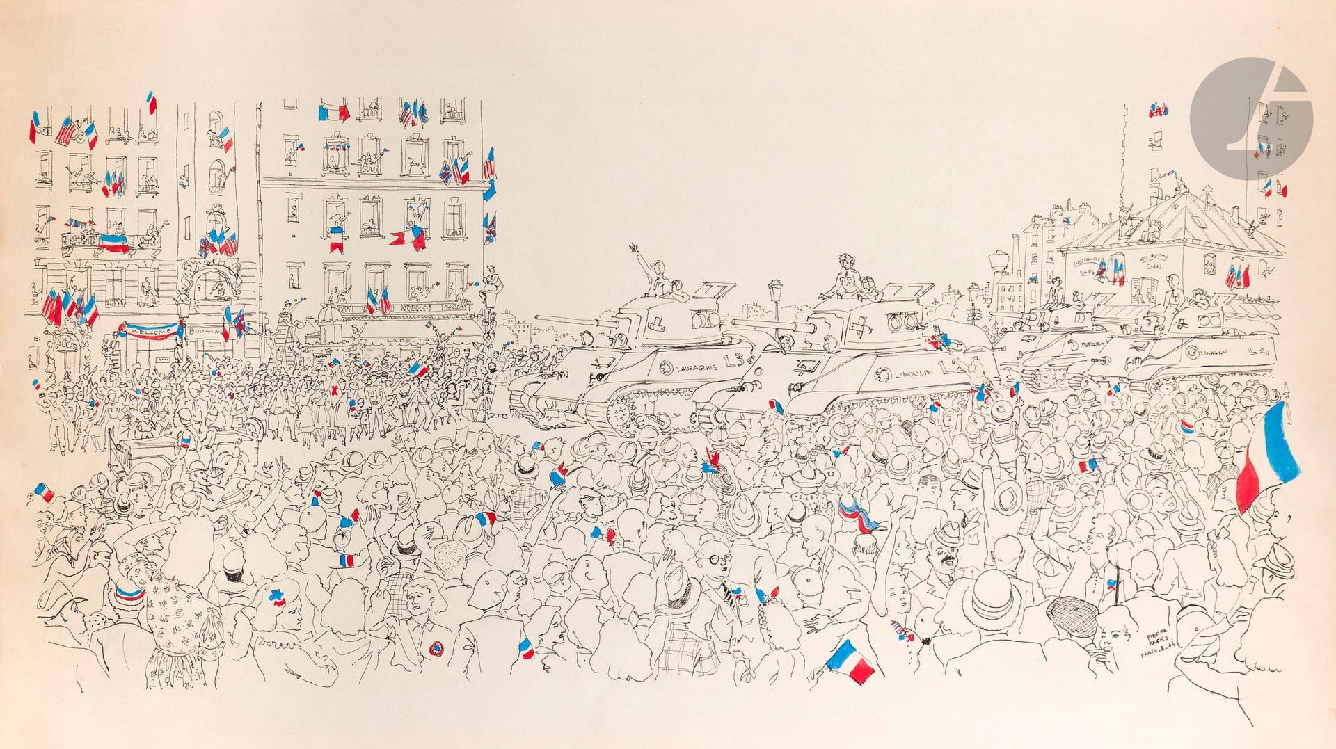 Pierre PAGES (né en 1933). École française.
Vues et caricatures de l’occupation et de la Libération
Très belle série de 36 dessins à l’encre, lavis et aquarelle, notamment sur le Paris de l’occupation allemande, caricatures, vues de la flamme du Soldat inconnu, du métro en 1941.
Petits (33 x 25 cm) et grands formats (49 x 65 cm).
B.E. Entre 1941 et 1945.