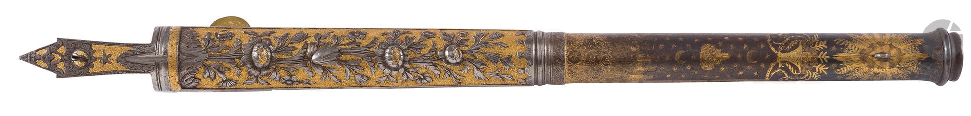 Flintlock lock and barrel of a fine pistol.
- Signed "HU. VIGNIAT à St Etienne", beautifully and profusely chased in high relief, on a gilded amati background, with foliage, flowers and a trophy of arms. Gilded oval basin with large sparkle guard and two guilloché and gilded screws en suite.
- Punch-marked round barrel with flat thunderbolt, signed below "Durand Blachon Tordu", with gilded decoration towards the muzzle of a radiating focal point, flowering urn, tiara and clouds and, at the thunderbolt, in high relief, foliage and flowers, on a gilded amati background. En suite decorated breech tail.
Barrel length: 31.8 cm

VIGNIAT, active in Saint Etienne in the mid-18th century.