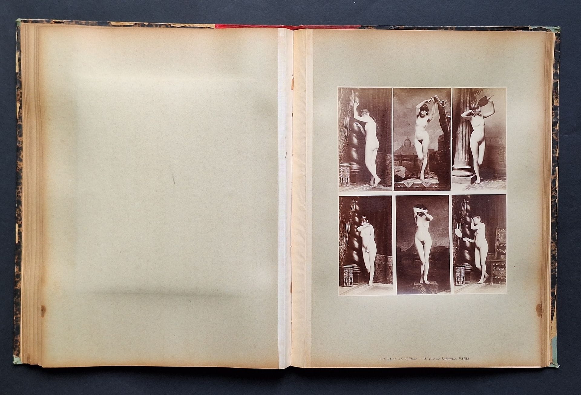 IGOUT, LOUIS JEAN-BAPTISTE (1837-1881)
Album d'Etudes de Poses.
Calavas Ed., circa 1880/1885.
In-folio (35 x 26 cm). 22 planches de 6 photographies chacune, soit 132 poses différentes. Tirages albuminés. Reliure en demi-cuir (usures à la couverture).