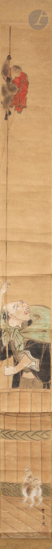 Attribuée à Utagawa Toyohiro, 歌川豊廣 (1773-1830), peinture montée en kakemono représentant un sarumawashi, Japon, milieu de l’époque Edo
Encre et polychromie sur papier, représentant un montreur de singe savant. Ce dernier, vêtu d’un haori rouge, grimpe le long d’un fin bambou, tenu par son maître qui le regarde. Il semble être dans un taru daiko (tonneau en forme de tambour) au pied duquel un chien paraît fort intéressé par la scène. La peinture est signée en bas à droite Toyohiro ga, 豊廣画, avec un sceau rouge très effacé.
Largeur : 111 x 21 cm
Accidents et plis.