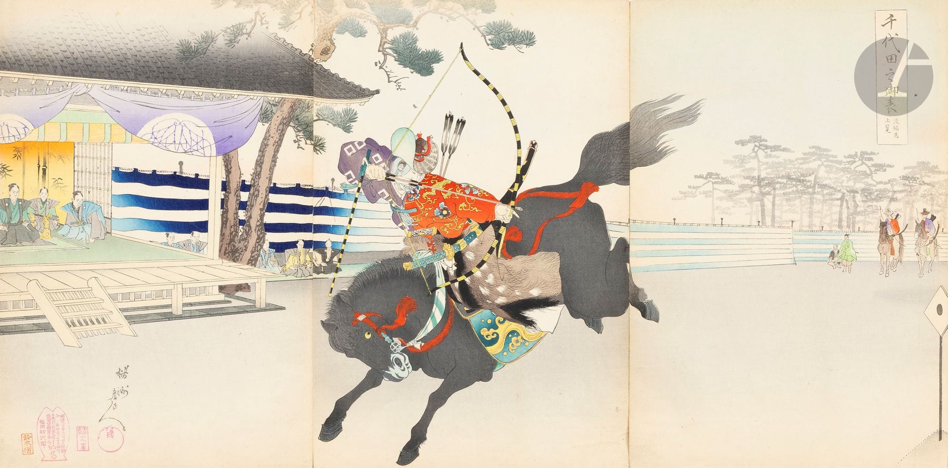 Toyohara Chikanobu, 豊原 周延 (1838-1912), album d’estampes de la série 千代田之御表, Chiyoda no-on omote, “évènements en dehors du palais de Chiyoda”, Japon, ca. 1897
Encre et polychromie sur papier. Série de trente-deux scènes documentant la vie de l’élite à la fin du shogunat.
Signé 楊洲周延, Yōshū Chikanobu.
Éditeur : Fukuda Hatsojiro. Daté 6 Avril 1897.
Couverture en toile avec titre de la série sur une étiquette blanche.
34,9 x 23,5 cm
Certaines estampes détachées.

La série Chiyoda no on-omote, « à l’extérieur du palais de Chiyoda », de 1897, ainsi que la série Chiyoda no Ōoku, « à l’intérieur du palais de Chiyoda », de 1895-1896 de Chikanobu, décrivent en détail la vie à l’intérieur et autour du château d’Edo avant la restauration Meiji de 1868. Alors que la série « Chiyoda à l’intérieur du palais » se concentre sur les femmes dans les quartiers privés du palais, « Chiyoda à l’extérieur du palais » s’intéresse à la société des hommes, centrée sur le shogun, à l’intérieur et à l’extérieur du château. Les trente-deux estampes (dont un hexaptyque) montrent les activités auxquelles Chikanobu a pu participer lorsqu’il faisait partie de la suite du shogun. Cet ensemble, bien que plus authentique en raison des expériences personnelles de Chikanobu, est également une représentation artistique et se concentre sur le côté élitiste de la vie à la fin de la période Edo. Les activités de la série « Chiyoda en dehors du palais » se déroulent dans les zones publiques et les jardins du château et au-delà de son enceinte... Jusqu’au mausolée shogunal de Nikkō.