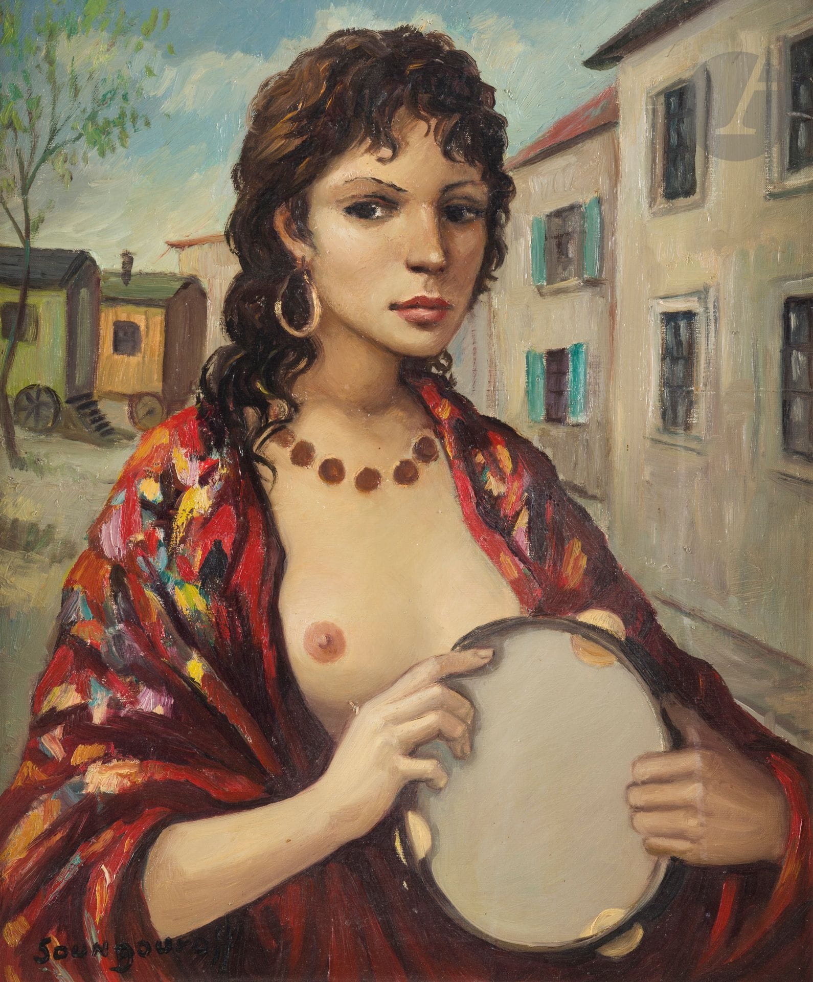 Anatola (Anatoli Sergueievitch) SOUNGOUROFF (1911-1982)
Portrait de femme au sein nu et au tambourin
Huile sur toile.
Signée en bas à gauche.
55 x 46 cm
