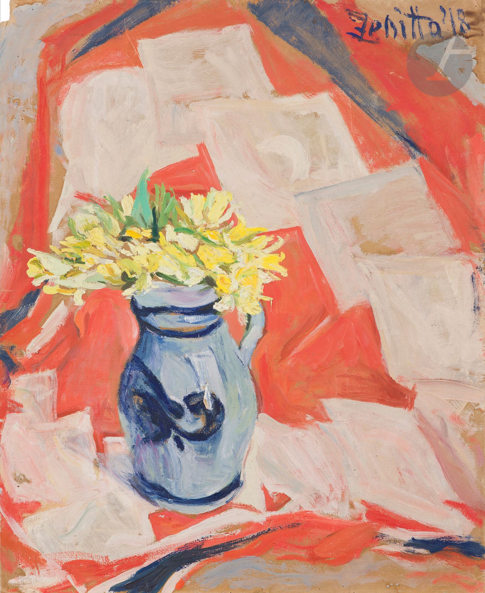 Zenitta TAZIEFF (1886-1984)
Nature morte, 1948
Huile sur carton.
Signée et datée en haut à droite.
Au dos une esquisse de nu féminin à la mine de plomb. 
(Trous de punaises).
61 x 48,5 cm

Zenitta Iliassovna Kloupt, veuve de Mohamet Sabir Tazieff, épouse en 1922 le poète liégeois [Jacques] Robert Vivier. Elle est la mère d’Haroun Tazieff.