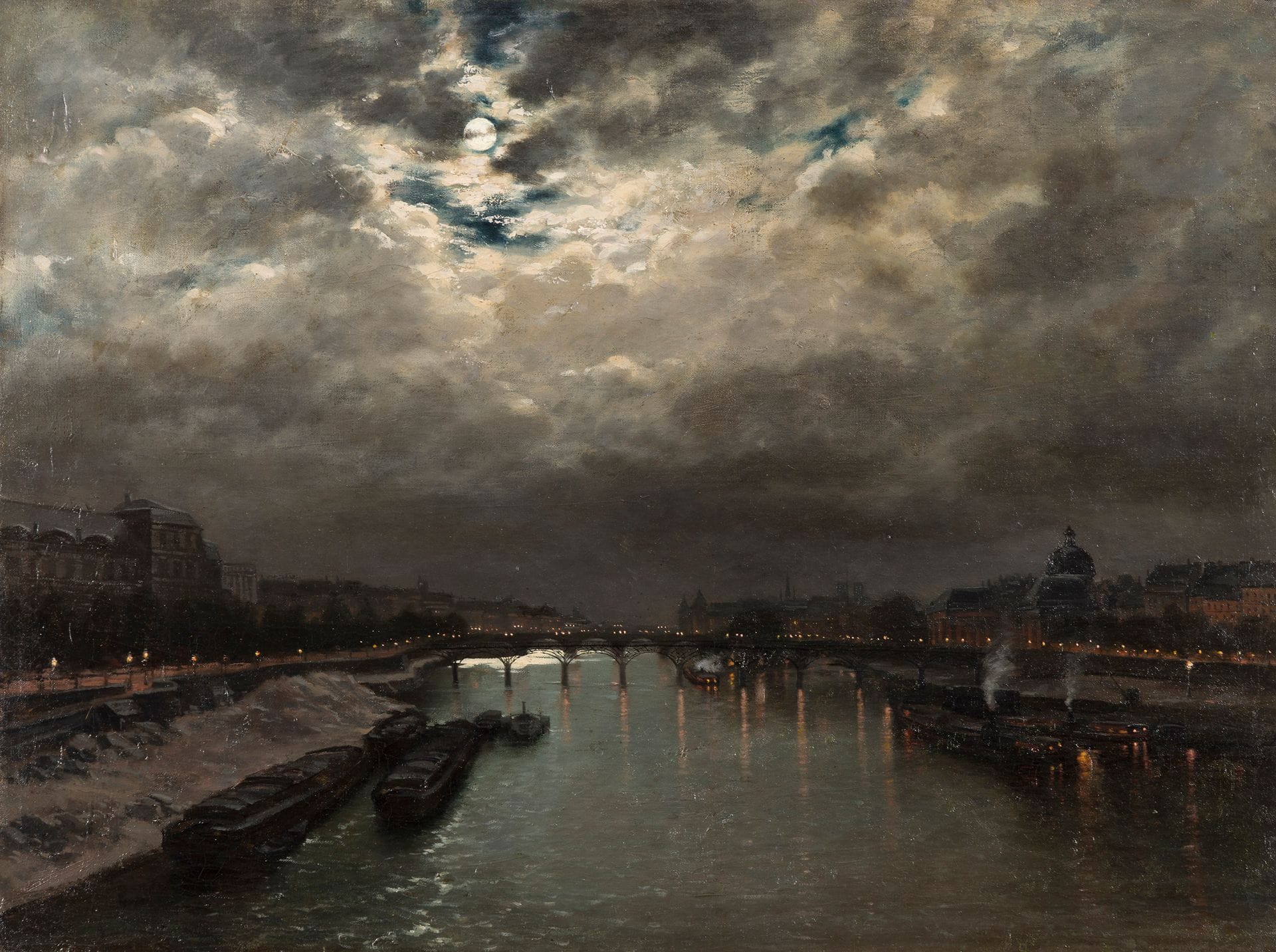 Alexeï Petrovitch BOGOLIOUBOV (1824-1896) [attribué à]
Pont des Arts vu du Pont du Carrousel, vers 1885-1890
Huile sur toile.
Non signée.
«A Bogoliuboff» inscrit à la pointe sur le châssis en haut à droite.
48 x 64 cm

Ce tableau est à comparer avec une huile sur papier de Bogolioubov datée de 1889 avec le même sujet et la même composition, proposée chez Sotheby’s le 7 juin 2010. L’œuvre était d’un plus petit format et comportait quelques différences par rapport au présent tableau (péniches, bâtiments du Louvre, la coupole de l’Institut...). Dans le même esprit, il a peint la tour Eiffel (qui comme le pont des Arts est un ouvrage métallique) en 1889, avec également la Seine au premier plan et à la tombée de la nuit (Musée Carnavalet). Le Musée Carnavalet possède aussi un tableau très proche, dû aux pinceaux de Stanislas Lépine (1835-1892) : le pont des Arts vu du pont Royal (vers 1884).