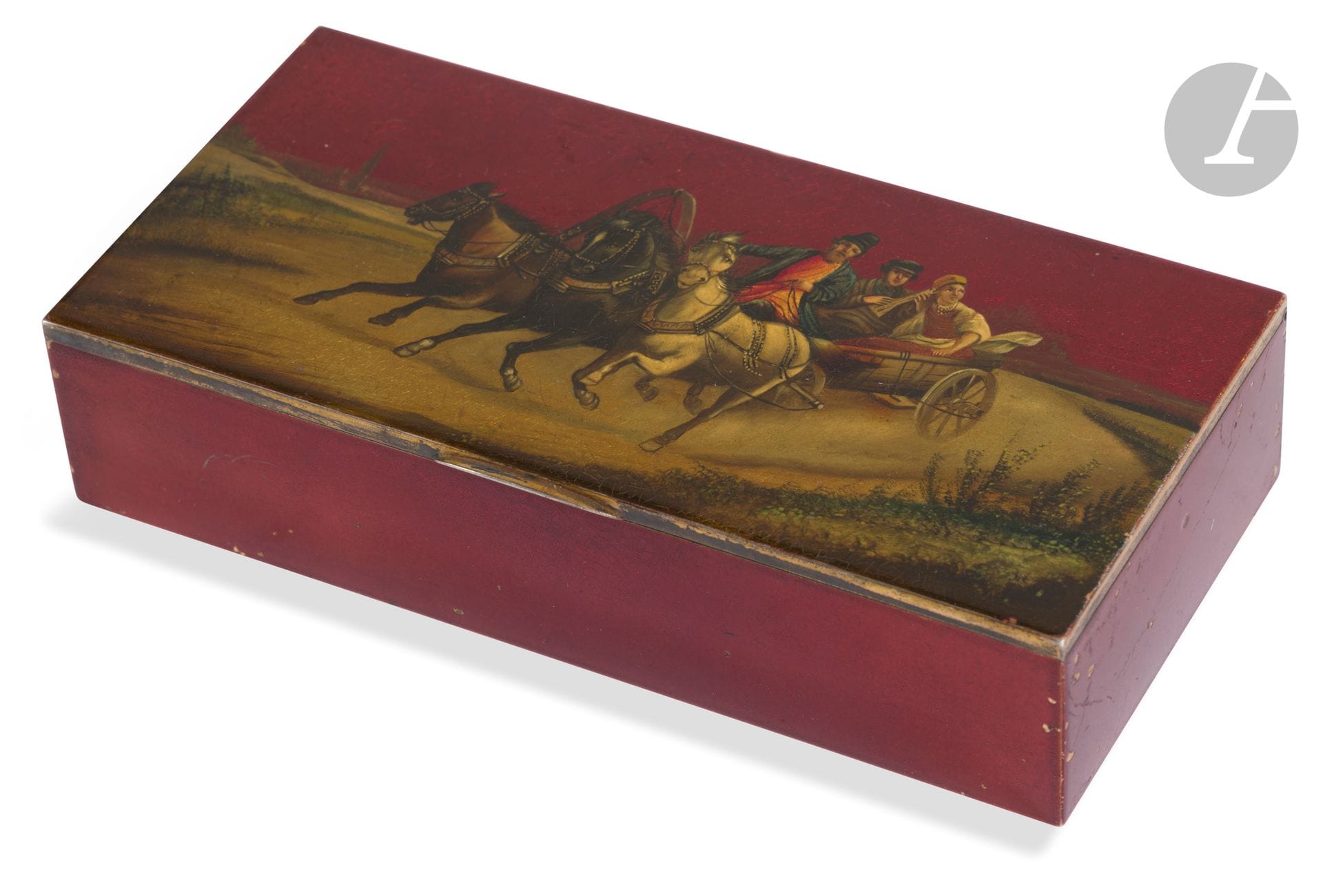 Painted vermeil box. Saint Petersburg, early 20th century.
Hallmarks: 84, St. Petersburg after 1908 and silversmith "К.П" (Ekaterina Eremeevna Parkkinen?).
16.2 x 7.8 x 3.6 cm; gross weight: 403 g