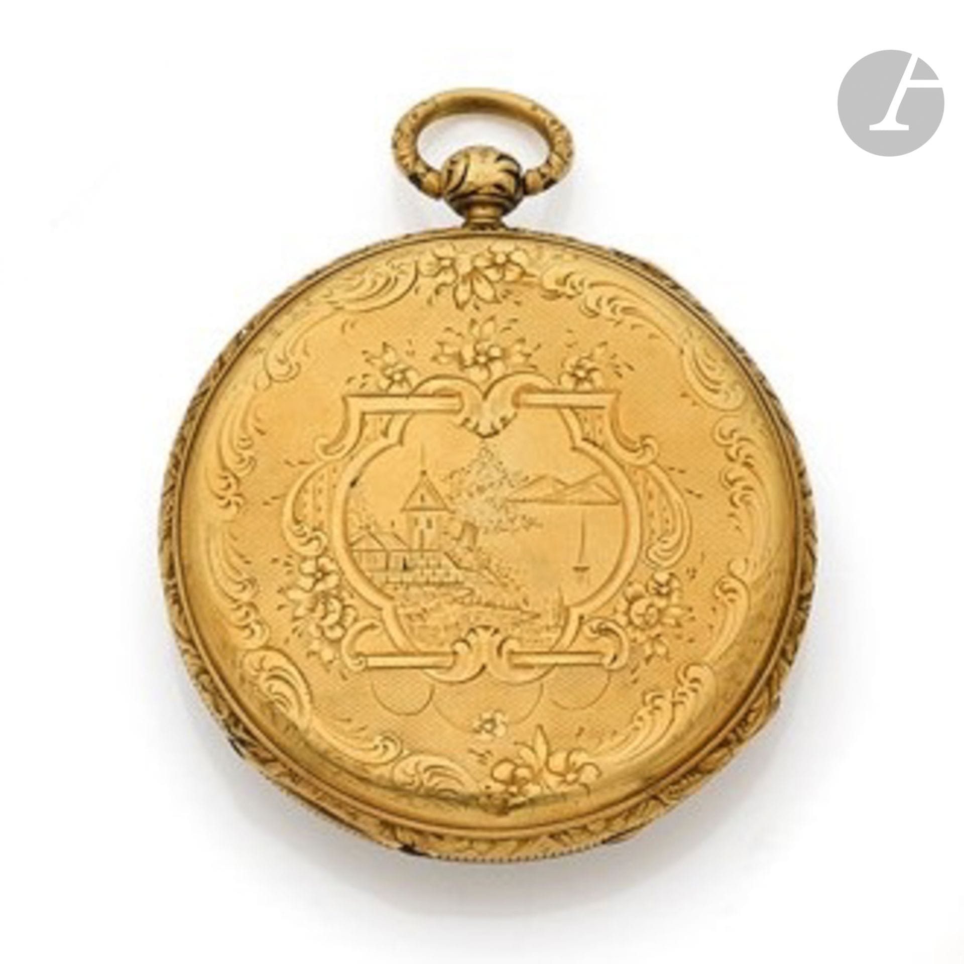 MORDANT A BOLBEC
XIXe
Montre de poche en or jaune 18K (750). Travail français.
Boîtier : rond, revers ciselé à décor de paysage, cuvette en métal doré.
Cadran : émail blanc, index  chiffres romains peints, aiguilles Breguet.
Mouvement : échappement à	 cylindre, remontage à clef.
Mouvement signé. 
Numérotée 5679.
Diam. 44 mm. 
Poids brut : 48,6 g.
(Accident à une aiguille)