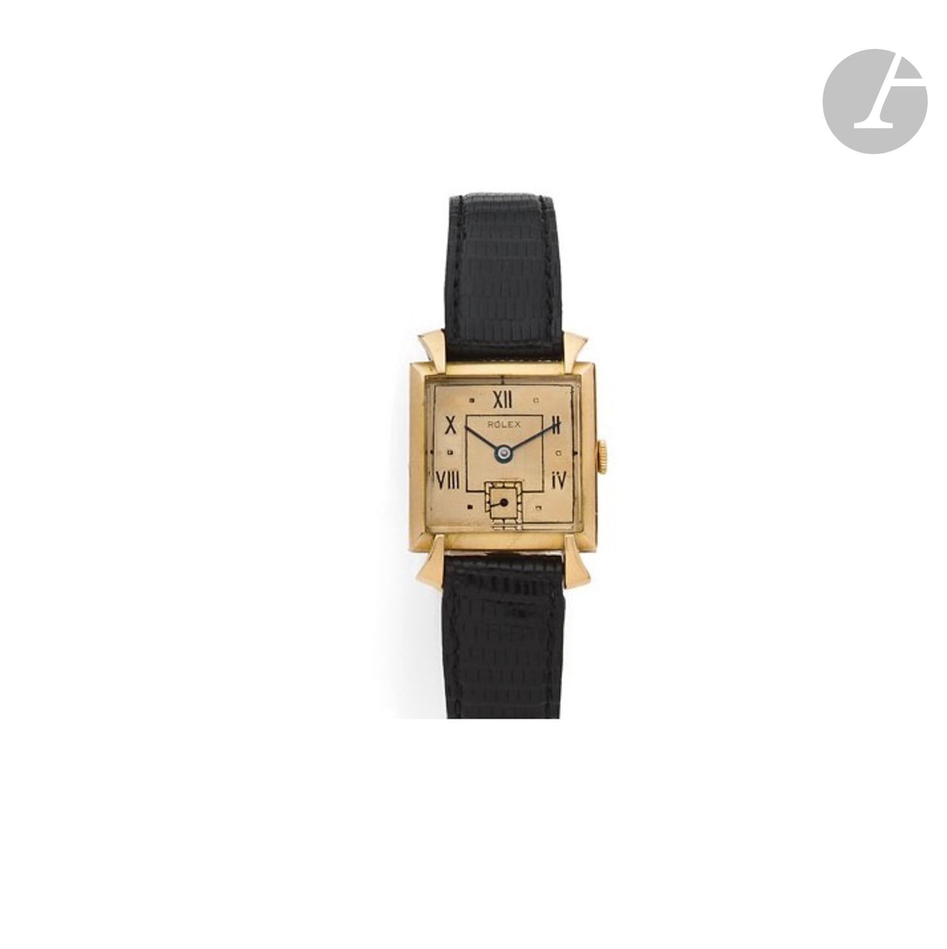 ROLEX
40'S
Bracelet watch in 18K (750) yellow gold on leather. 
Case: French, not signed Rolex. Engraved on back: A.Augis-Lyon. 
Rolex winding crown (as is). 
Dial: repainted, two-tone. Small seconds. 
Movement: mechanical, cal. 1200. 
Strap: leather with buckle. 
Dial and movement signed. 
Numbered 120017. 
Diameter: 25 mm.