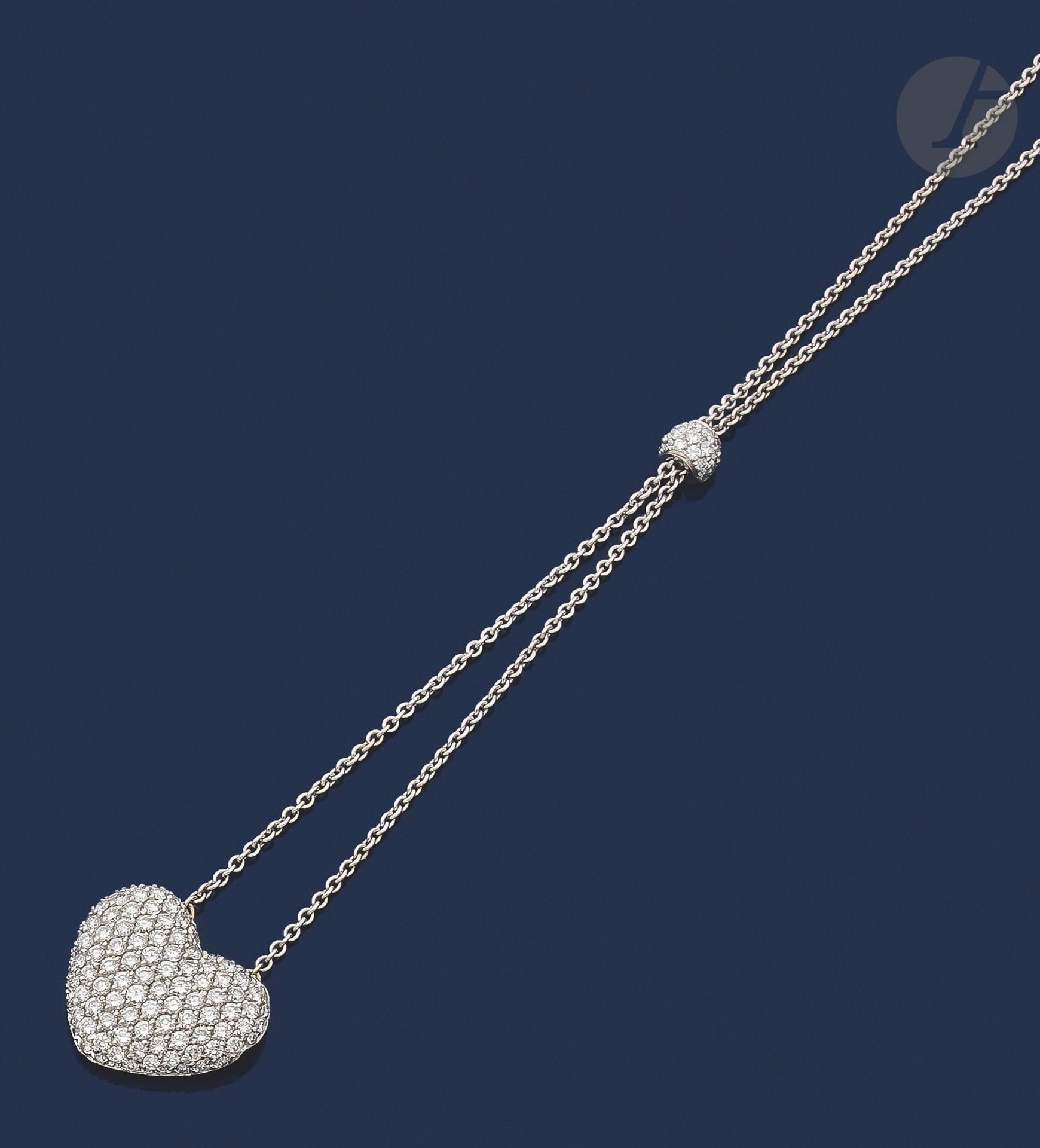 Necklace in 18K (750) white gold, featuring a heart paved with round brilliant-cut diamonds. Heart size: approx. 1.8 x 2 cm. Gross weight: 12.9 g

A diamonds pendant
