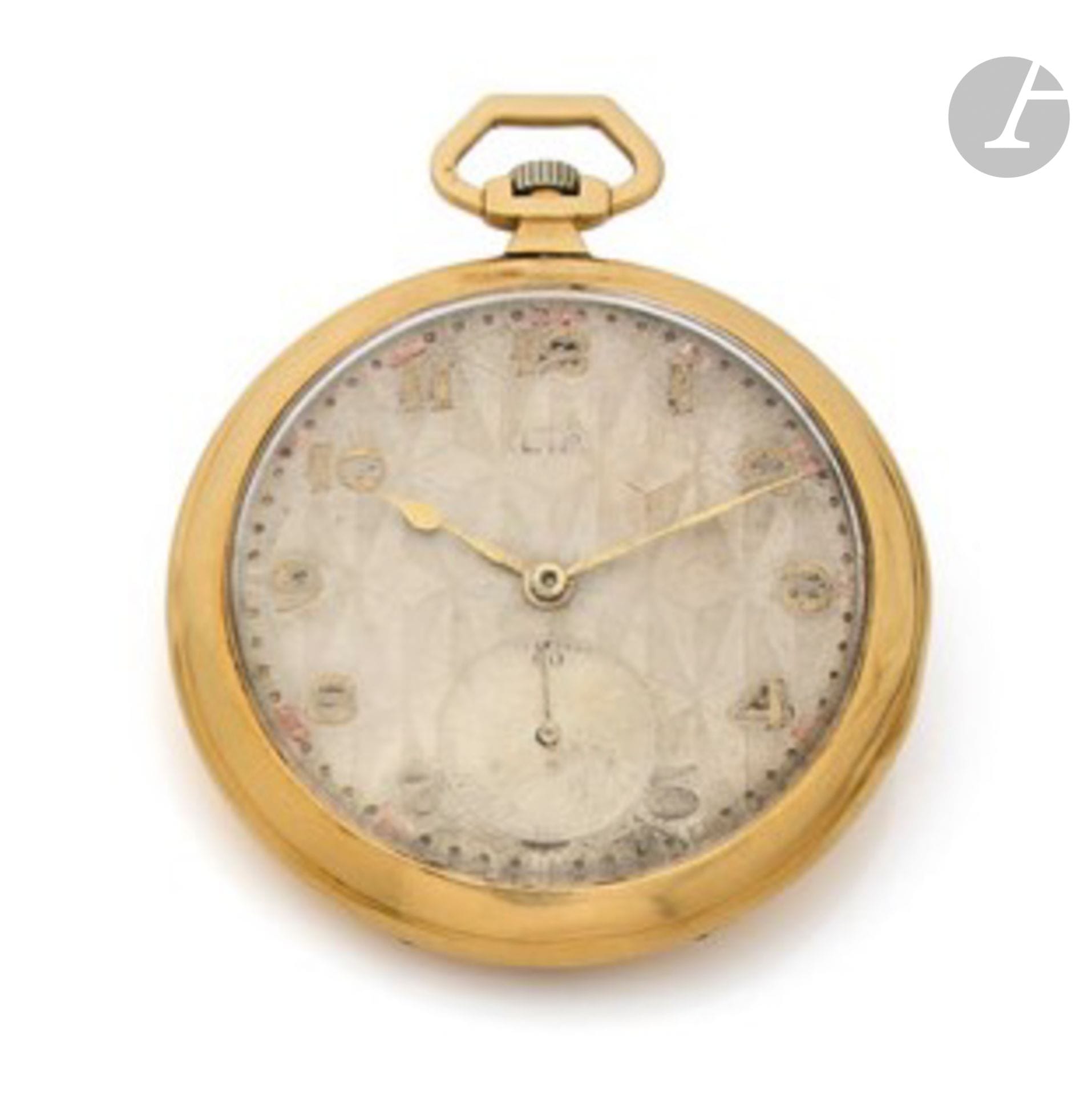 LIP
ANNÉES 30
Montre de poche " Open Face " en or jaune 18K (750). Travail français.?Boîtier : Revers guilloché à decor de bandes, lisses et striées. Cuvette en or gris.
Cadran : argenté et guilloché, index chiffres arabes appliqués, petite seconde à 6h
Mouvement : mécanique, échappement à ancre. Remontage au pendant. 
Numérotée 81940.
Diam. 48 mm.
Poids brut : 64,1 g. 
(À réviser)