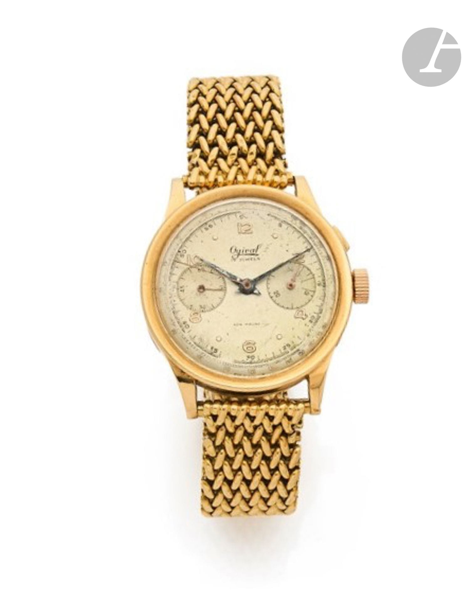OGIVAL
NON-MAGNETIC CHRONOGRAPH
50'S
18K (750) yellow gold wristwatch with chronograph, Swiss work. 
Case: round, press-on caseback, double metal caseback, rectangular pushers.
Dial: silvered, two counters.
Movement: column-wheel mechanical. 
Strap: braided 18K yellow gold, single buckle, hallmarked Gay Frères, dated 4.52.
Dial and case signed. 
Numbered 0950 458207.
Diameter: 38 mm.
Gross weight: 82.07 g. 
(Wear, various knocks and dents).