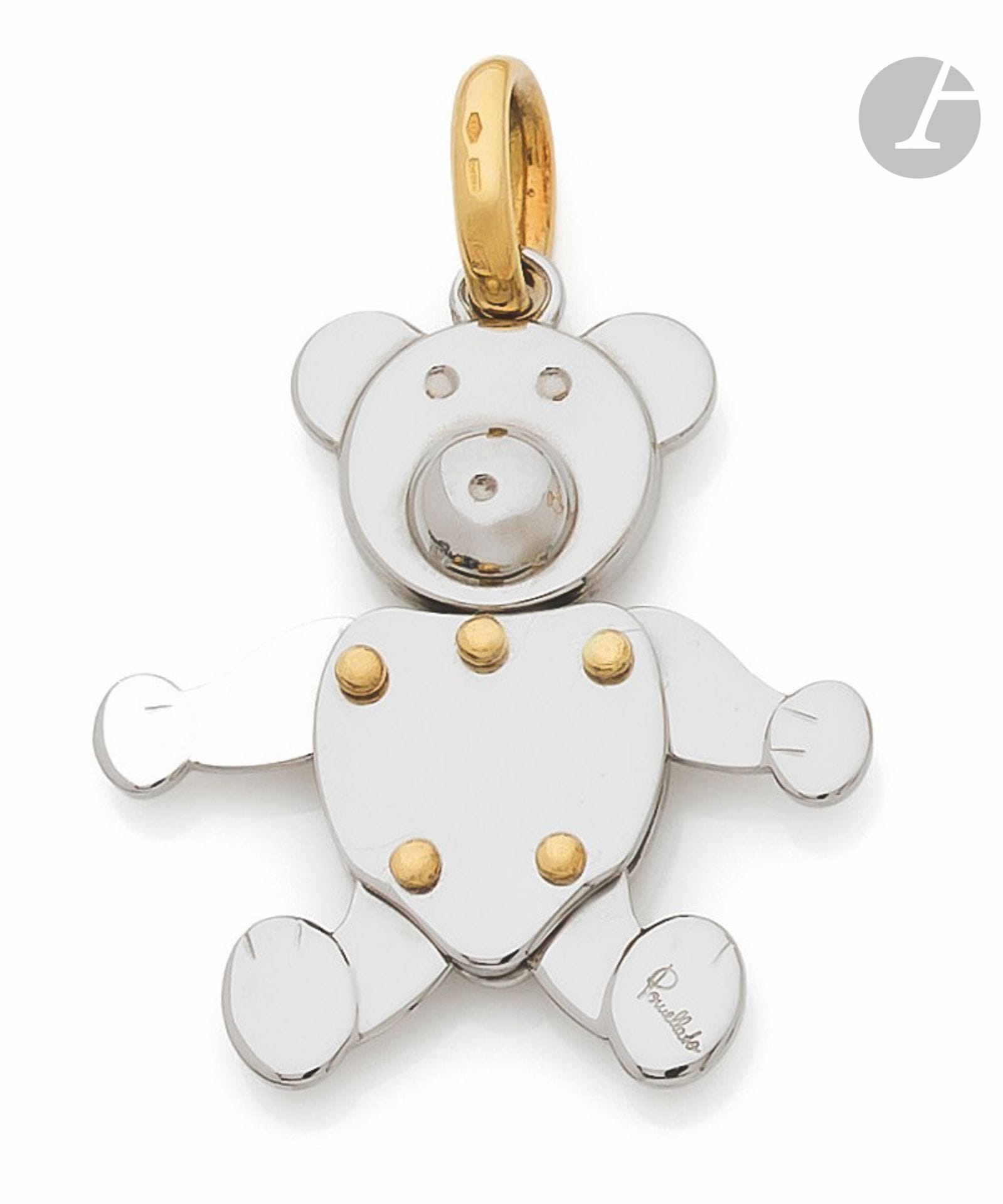 POMELLATO
Orsetto teddy bear pendant in 18K (750) white gold, with articulated paws. Signed. Preserved in its silk pouch. Height: approx. 4.5 cm. Weight: 17.5 g

A Pomellato Orsetoo gold pendant