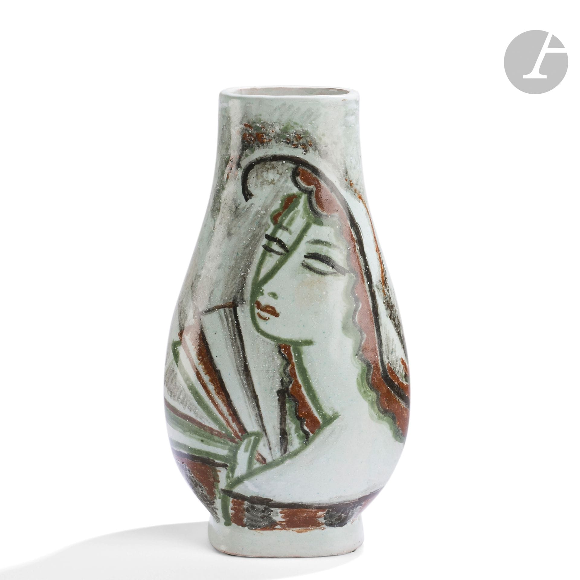 RENÉ BUTHAUD (1886-1986)
Woman with fan and hat &amp; Leaves and bells 
Piriform vase on a truncated cone-shaped heel.
Enameled ceramic proof, with title decorations on each side and polychrome treatments on a pale green background.
Signed with the monogram R. B. (interlaced letters) under the base.
Height: 33.2cm