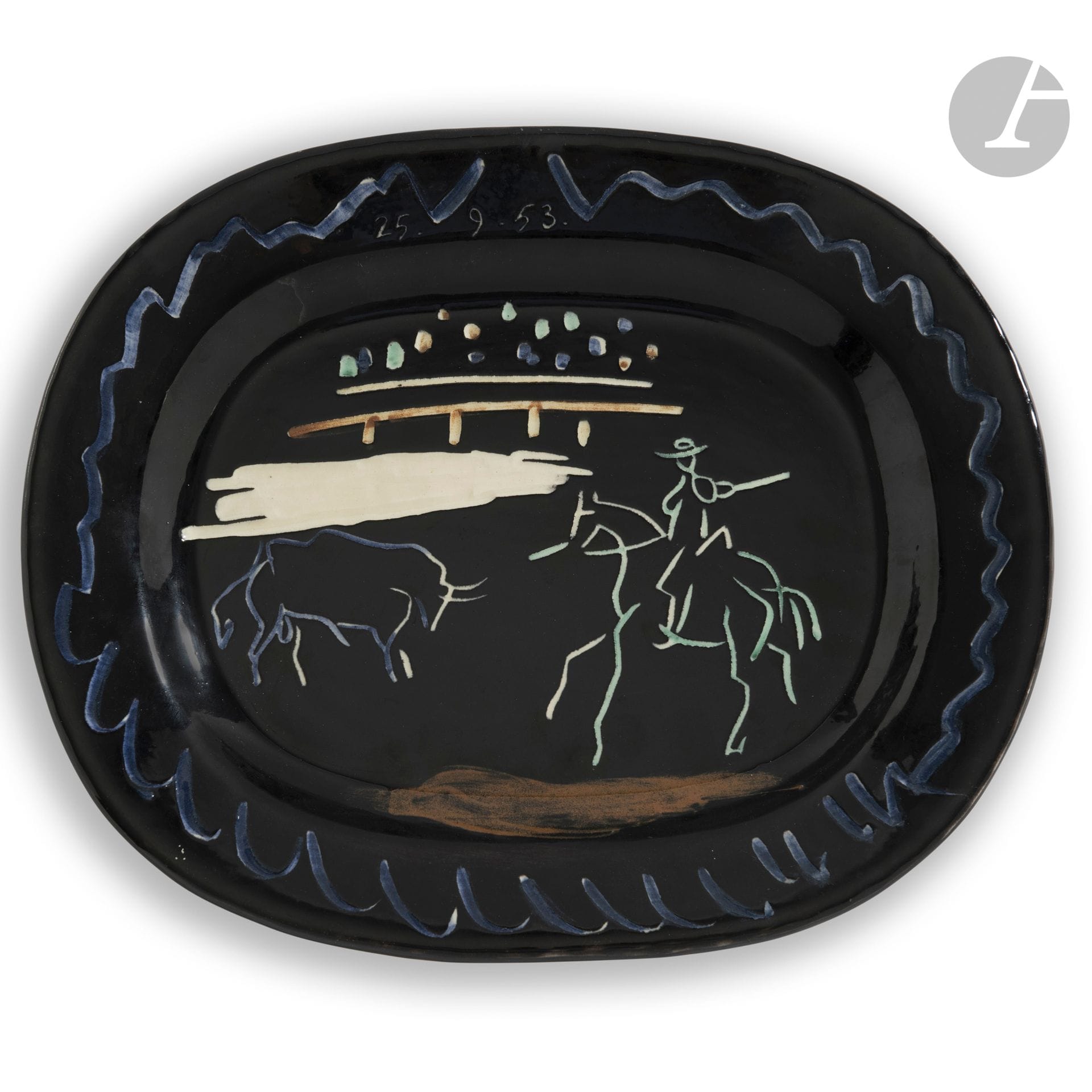 PABLO PICASSO (1881-1973) & ATELIER MADOURA 
Corrida fond noir, le modèle créé le [25 septembre 1953]
Plat rectangulaire.
Réplique authentique limitée, éditée et réalisée à cinq cents exemplaires chez Madoura. 
Épreuve en terre de faïence blanche, le décor aux engobes et gravé au couteau sous couverte; bleu, vert, rouge, blanc, fond noir.
Porte les cachets en creux D’après PICASSO et MADOURA Plein Feu au revers. 
Longueur: 38cm – Largeur:31,5cm

Bibliographie: 
Alain Ramié - Picasso, catalogue de l’œuvre céramique édité 1947-1971- Éditions Madoura, 1988. Modèle identique reproduit page108 et référencé sous le numéro198.
