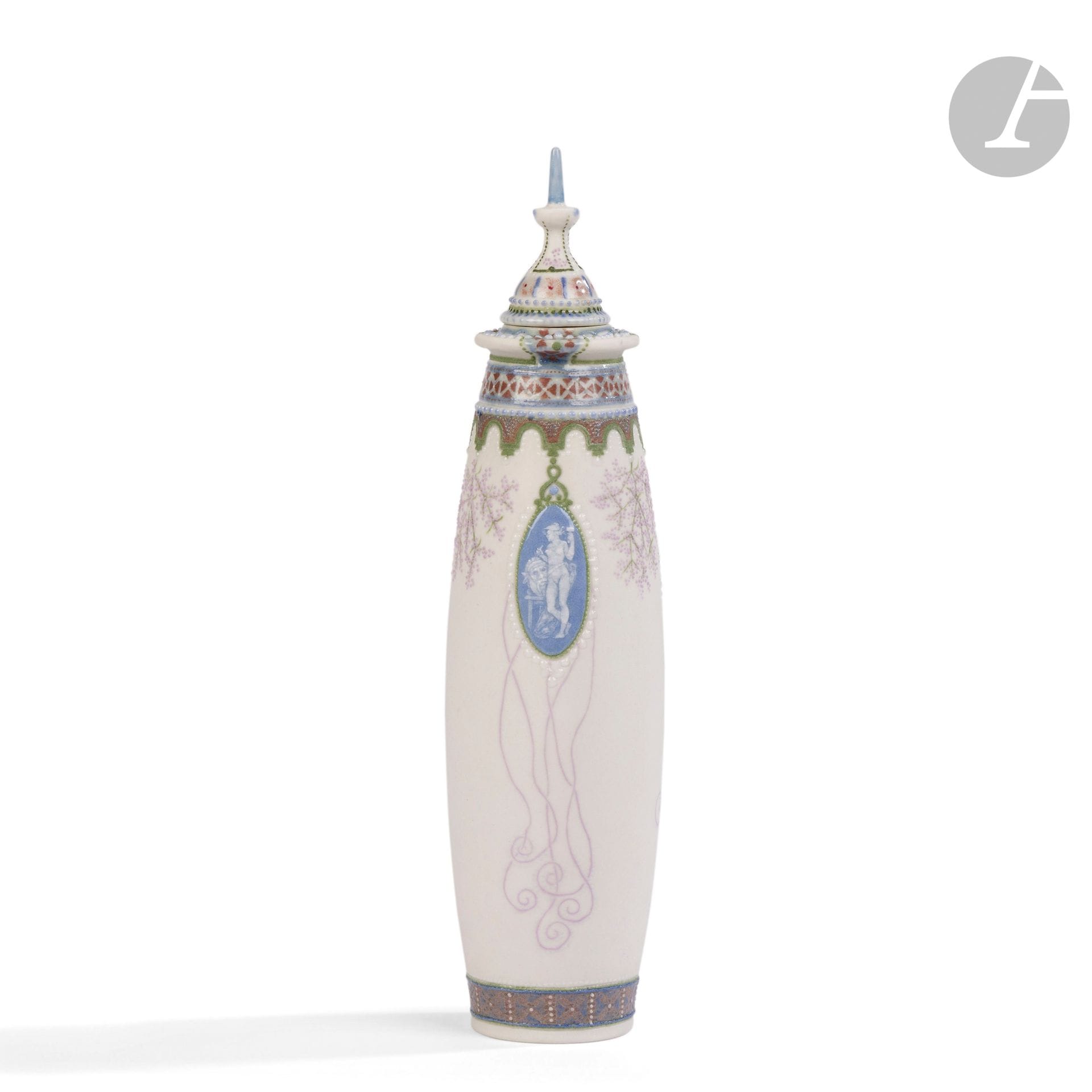 TAXILE DOAT (1851-1938) - COLLECTION JANINE BLOCH-DERMANT
La Sculpture – La Peinture – La Comédie, 1926
Pot couvert; la base fuselée, le bouchon piriforme.
Épreuve en biscuit de porcelaine partiellement émaillé; les décors titres dans des médaillons traités à la façon de camées, la base et la partie haute aux motifs de frises.
Le sommet de la prise du couvercle restauré.
Signé, daté et situé DOAT 1926 Sèvres sous la base.
Hauteur: 25,5cm

Provenance :
Succession Janine Bloch-Dermant.

Bibliographie: 
Céramiques. Art Nouveau et Art Déco – I. Atelier Taxile Doat. II. Œuvres de Artigas, Buthaud, Cazaux, Chaplet, Dalpayrat, Dammouse, Decœur … – Catalogue de la vente publique organisée par Me Paul Renaud le vendredi 11 mai 1973 à l’Hôtel Drouot, Paris. Un modèle proche de notre pot couvert, avec variantes de décor et de bouchon, est référencé sous le numéro 73 du catalogue, reproduit page 11 et décrit page 16.