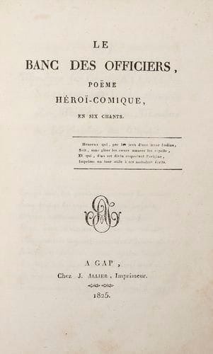 [FAURE (Jean)]
Le Banc des officiers, poëme héroï - comique, en six chants. Gap: J. Allier, 1825.- In - 8, (3 ff.), 101 pp. Demi - veau bleu nuit à coins, dos lisse orné, tranches marbrées (reliure de l'époque). Édition originale très rare de ce poème ayant pour sujet la dispute du Maire et du Curé de la Motte, petit village des Hautes - Alpes. Jean Faure, dit Faure du Serre, fut successivement notaire, secrétaire général de la Préfecture de Gap puis sous - préfet à Sisteron. Grâce à ses écrits mettant en scène avec humour et humanité les personnages de sa région, comme c'est le cas dans ce poème, il devint l'une des figures de la littérature du Dauphiné. Bel exemplaire enrichi d'une dédicace manuscrite en anglais de l'époque, adressée à Miss Honoria Blake, qui épousa en 1837 Lord Hamilton Chichester dont on retrouve également l'ex - libris.