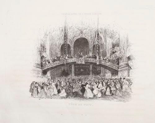 [LIVRE DE FÊTE]. Théâtre Royal de l'Opéra - Comique. Fête de nuit. (Paris, 1835).- Brochure in - 4 oblong, 4 pp., 1 pl., couverture imprimée. Demi - basane verte à la bradel, dos lisse, couverture conservée (reliure de la seconde moitié du XIXe siècle). Très rare programme pour le bal qui se déroula au théâtre de l'Opéra - Comique le mercredi 14 janvier 1835. Ce bal se voulait «l'expression exacte d'un carnaval de Venise», Clémençon était chargé de l'éclairage et de l'illumination extérieure, Philastre, Cambon, Porcher et Devoir des décors, Roqueplan et Boulanger des tableaux, Musard et Defresne conduisirent l'orchestre et Henri Monnier s'occupa des proverbes, scènes et lazzis. Le programme est illustré d'une belle eau - forte de Célestin Nanteuil. De la bibliothèque de Joseph Dumas, avec ex - libris gravé par Henry - André. Quelques frottements.