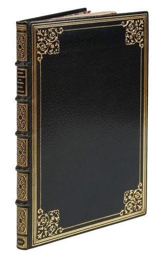 MUSSET (Alfred de)
Mademoiselle Mimi Pinson, profil de Grisette. Paris: Les Cent bibliophiles, 1899.- In - 8, (2 ff.), 74 pp., (1 f.), couverture illustrée. Maroquin bleu nuit, plats ornés d'un bel encadrement composé de trois filets dorés et d'un filet aux pointillés coupé aux angles d'un motif de volutes de feuilles et de fers stylisés, dos à nerfs orné, doublures de maroquin rouge bordées d'une bande de maroquin noir et ornées de filets dorés en encadrement, gardes de soie brochée, doubles gardes, non rogné, couverture conservée, étui (Noulhac). Belle édition tirée à seulement 115 exemplaires numérotés sur papier vergé filigrané au nom des «Cent bibliophiles», illustrée de 20 eaux - fortes en couleurs de François Courboin, 2 sur la couverture et 18 en en - tête et en cul - de - lampe. Superbe exemplaire en maroquin doublé de Noulhac, enrichi d'une suite en noir des illustrations. De la bibliothèque de Suzanne Courtois.