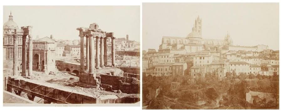 [PHOTOGRAPHIE - ITALIE]. Recueil de photographies de la fin du XIXe siècle sur l'Italie.- Recueil in - folio, demi - maroquin rouge à coins, dos à nerfs, tranches dorées (Petit et Trioullier Sre de Simier). Album réunissant 48 photographies sur papier albuminé de la seconde moitié du XIXe siècle représentant des vues, monuments, éléments de décoration et oeuvres d'art des villes de Sienne, Pise et Rome. Ces photographies furent prises pour une grande partie par le photographe italien Paolo Lombardi (1827 - 1890) dont on retrouve la marque à froid. Chaque photographie a été contrecollée sur carton puis montée sur onglets. Sur le dos de la reliure figure la date de 1879. Bon exemplaire relié dans les années 1880 par Petit fils et Trioullier. Quelques frottements au dos, coins émoussés, charnières intérieures renforcées. Plusieurs cartons détachés.