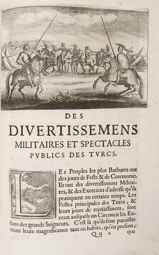 MÉNESTRIER (Claude - François)
Traité des tournois, ioustes, Carrousels et autres spectacles publics. Lyon: Michel Mayer, 1674.- In - 4, (6 ff.), 399 pp. Maroquin brun, double filet à froid en encadrement sur les plats, dos à nerfs orné de filets à froid, roulette dorée intérieure, tranches dorées sur marbrure (Duru 1855). Nouvelle édition de ce traité concernant les fêtes et spectacles, paru pour la première en 1669, composé par le père Ménestrier. Ce dernier offre un véritable répertoire des tournois, carrousels, mascarades, et autres jeux équestres depuis l'Antiquité jusqu'au XVIIe siècle, tant en France que dans les cours étrangères. Un chapitre est consacré aux «Divertissemens Militaires, & Spectacles Publics des Turcs». L'édition est illustrée d'une vignette de titre, d'un bandeau aux armes du dédicataire, de 23 lettrines et de 22 bandeaux historiés montrant diverses scènes de spectacles. Il s'agit des mêmes illustrations que celles de l'édition de 1669, certaines sont plusieurs fois répétées. Bel exemplaire relié par Duru en 1855.