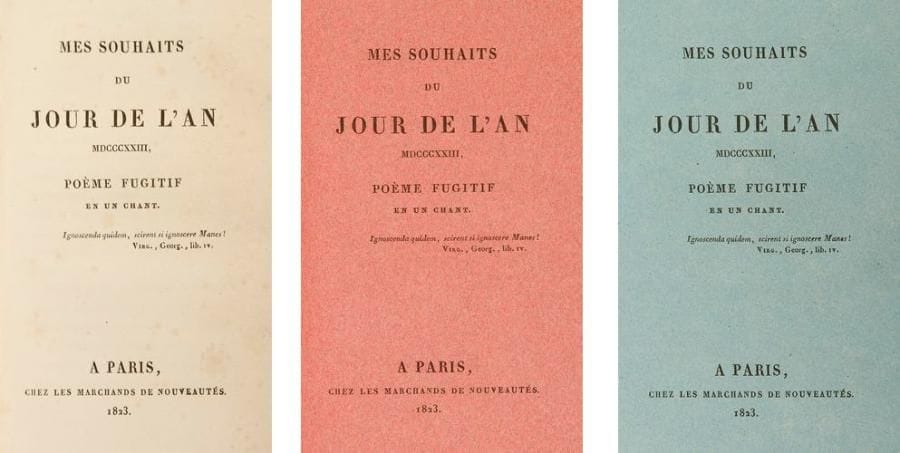 [CLOGENSON (Jean)]
Mes Souhaits du jour de l?an MDCCCXXIII, poème fugitif en un chant. Paris: Les Marchands de nouveautés, 1823. - In- 18, 45 pp., (1 f. bl.). Demi-maroquin rouge à coins, dos à nerfs orné, non rogné (reliure de l?époque).Édition originale de ce poème quelque peu moqueur composé par le député de l?Orne Jean Clogenson (1785-1876) qui s?était distingué comme l?un des premiers à se prononcer en faveur de la révolution de juillet 1830. Un des rares exemplaires comprenant 3 fois le texte imprimé respectivement sur papier bleu, blanc et rouge. Reliure frottée