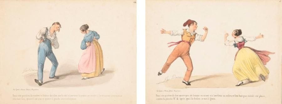 [DANSE] DURA (Gaétan)
Souvenir de la Tarantella napolitaine dirigée par Louis Pucinelli maître de danse. Naples: Gatti et Dura, s.d. (vers 1840). - Panorama in-8 oblong, 20 ff. en accordéon. Cartonnage de l'époque en demi-basane havane à coins, plats de papier gaufré à motif de feuillages, filets dorés, dos lisse orné. Édition très rare de ce panorama décrivant la Tarantella ou Tarentelle, danse traditionnelle du sud de l'Italie et de la Sicile. Il se compose d'un titre, d'un feuillet de musiqu, et de 18 lithographies en couleurs de Gaétan Dura dont une en frontispice et 17 montrant chacune une position de la danse avec en dessous la description des pas à effectuer, donnée par le maître de danse Louis Pucinelli. Bon exemplaire. Les planches 2 et 3, qui avaient été séparées, ont été ressoudées à l'aide de scotch. Frottements au dos
