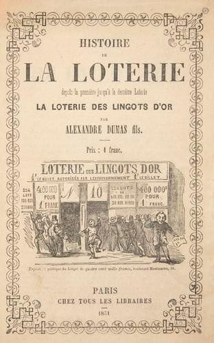 DUMAS FILS (Alexandre)
Histoire de la loterie depuis la première jusqu'à la dernière loterie, la loterie des lingots d'or. Paris: Tous les libraires, 1851. - Brochure in-8, 16 pp. En feuilles. Édition originale très rare de cette brochure sur la loterie des lingots d'or. Le texte aurait été publié tout d'abord dans le journal La Presse le 9 mars 1851. L'édition est illustrée de 6 vignettes gravées sur bois dont une sur le titre. Déchirures au dos