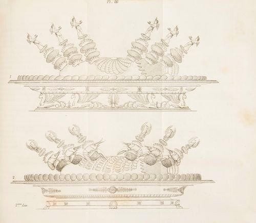 [GASTRONOMIE] CARÊME (Antonin). L'art de la cuisine française au dix-neuvième siècle. Traité élémentaire et pratique des bouillons en gras et en maigre, des essences, fumets, des potages français et étrangers; des grosses pièces de poisson; des grandes et petites sauces; des ragouts et des garnitures; des grosses pièces de boucherie, de jambon, de volaille, et de gibier; suivi de dissertations culinaires et gastronomiques utiles aux progrès de cet art. Paris: J. Renouard, Tresse, Mansut, Maison; Londres: W. Jeffs, (1843). - 2 tomes en 3 volumes in-8, portrait, cxxvij, 313 pp.; frontispice, (2 ff.), xxxj, pp. (5)-342, 9 pl.; frontispice, (2 ff.), 544 pp., 14 pl. Demi-basane rouge à coins, dos à nerfs, tranches mouchetées (Barast). Nouvelle édition de ce grand ouvrage de gastronomie composé par Antonin Carême surnommé "le roi des chefs et le chef des rois", véritable encyclopédie culinaire regroupant notamment des centaines de recettes et débutant par une longue préface contenant l'Histoire philosophique de la cuisine, la Relation abrégée des cérémonies qui ont eu lieu à Moscou en septembre 1826, à l'occasion du Sacre de l'Empereur Nicolas, etc. L'auteur n'eut pas le temps de terminer son oeuvre et ne put composer que les 5 premières parties qui sont ici illustrées d'un portrait de l'auteur, de deux frontispices et de 23 planches dont 21 dépliantes numérotées de 2 à 22. Page de titre du premier volume abîmée, déreliée et présentant plusieurs restes de scotch. On trouve à la fin du même volume un second état de la page 127 comprenant une vignette différente de celle figurant sur la page correspondante dans le corps de l'ouvrage. Exemplaire complet de la suite indispensable composée par Plumerey, chef de cuisine de l'Ambassade de Russie à Paris, comprenant les 6e et 7e parties de l'ouvrage de Carême et intitulée: - L'Art de la cuisine française au XIXe siècle, traité des entrées chaudes, des rots en gras et en maigre, des entremets de légumes, entremets sucrés et autres