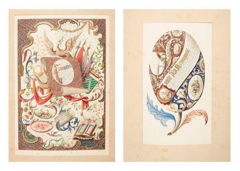 [MANUSCRIT ENLUMINÉ]. Album historique et Religieux. S. l., Mai 1849. - Manuscrit in-folio, 20 ff. montés sur onglets. Chagrin noir, encadrements de filets à froid sur les plats, dos à nerfs orné, triple filet doré intérieur, tranches dorées, étui (Gaudreau). Beau manuscrit entièrement enluminé et écrit en lettres gothiques, signé B. Allix et J. Midolle. Il se compose de 20 feuillets collés sur papier cartonné: Titre - Poésie (Lettre circulaire dels VII Trobadors de Tholosa) - Prière à Marie - Poésie (Avril) - Prière - Louis XI - Gai-Saber - Prière - Fabliau du XIIIe siècle - Ballade - Chant pastoral du pays de Vaud, XVe siècle - Prière - Texte Causa novela. Item, i dimars que era XI de mars... tiré du Petit Thalamus de Montpellier - Prière - Texte religieux Benedic anima mea... - Louis IX - Comte d'Armagnac - Chanson del L. Rousset Sur sa Mestresso - François Ier - Monseignou. Certaines pièces nous indiquent que ce manuscrit pourrait avoir été composé dans le sud de la France. Les enluminures rehaussées à l'or sont d'une très belle exécution et représentent des lettrines et des rinceaux parfois accompagnés d'animaux fantastiques, d'oiseaux et de paysages. La totalité des peintures ont été exécutées par B. Allix à l'exception d'une seule portant la signature du peintre et compositeur paléographe Jean Midolle. Ce dernier était l'auteur d'un album composé dans le même esprit en 1837-1838, dont B. Allix semble s'être inspiré. On trouve en tête deux autres enluminures non reliées, l'une retranscrivant un texte de Madelaine Neveux dame Desroches que l'artiste a dédié à sa fillle, la seconde représentant un encadrement peint inachevé avec la date du 21 janvier 1848. Exemplaire en reliure de l'époque signée du relieur parisien Gaudreau. Le premier plat et le dos sont désolidarisés du corps de l'ouvrage, plusieurs feuillets sont déreliés