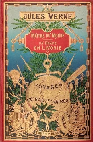 VERNE (Jules)
Maître du monde. - Un Drame en Livonie. Paris: Hetzel, (1904). - Volume double in-8, (4 ff.), 215 pp., 5 pl. (sur 6); (2 ff.), 252 pp., 6 pl. Cartonnage polychrome au globe doré (Engel). Première édition collective grand in-8 illustrée. Le premier titre est orné d'une carte à pleine page, de plus de 30 compositions de George Roux dont 4 hors-texte en couleurs (sur 5) et d'une photographie en couleurs hors texte. Il manque la planche entre les pages 176-177. Le second titre est illustré de 35 compositions de Benett dont 6 hors-texte en couleurs. Exemplaire en cartonnage au globe doré du type 4. Exemplaire des plus corrects