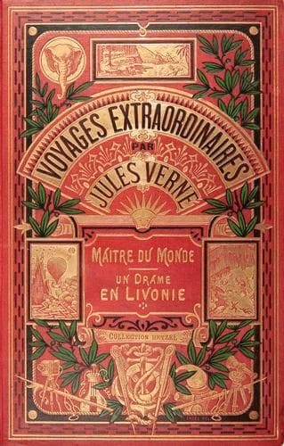 VERNE (Jules)
Maître du Monde. - Un Drame en Livonie. Paris: Collection Hetzel, (1910). - Volume double in-8, (4 ff.), 215 pp., 3 pl. (sur 6); (2 ff.), 252 pp., 3 pl. (sur 6). Cartonnage polychrome à un éléphant, titre dans le cartouche (Engel). Exemplaire remboîté, première page de garde effrangée, coins usés. Il manque 6 des 12 planches